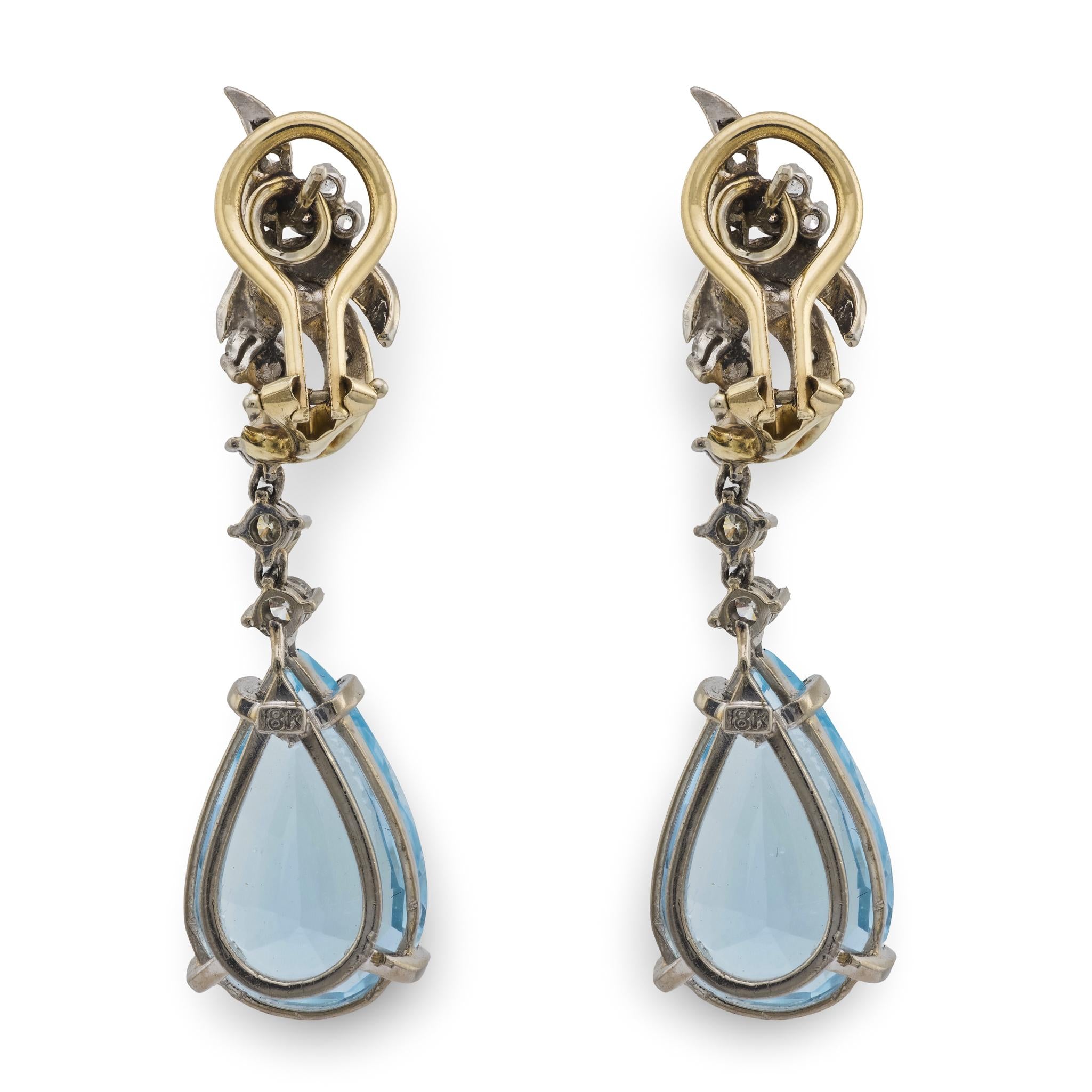 Retro 18k Aqua & Diamond Drop Earrings