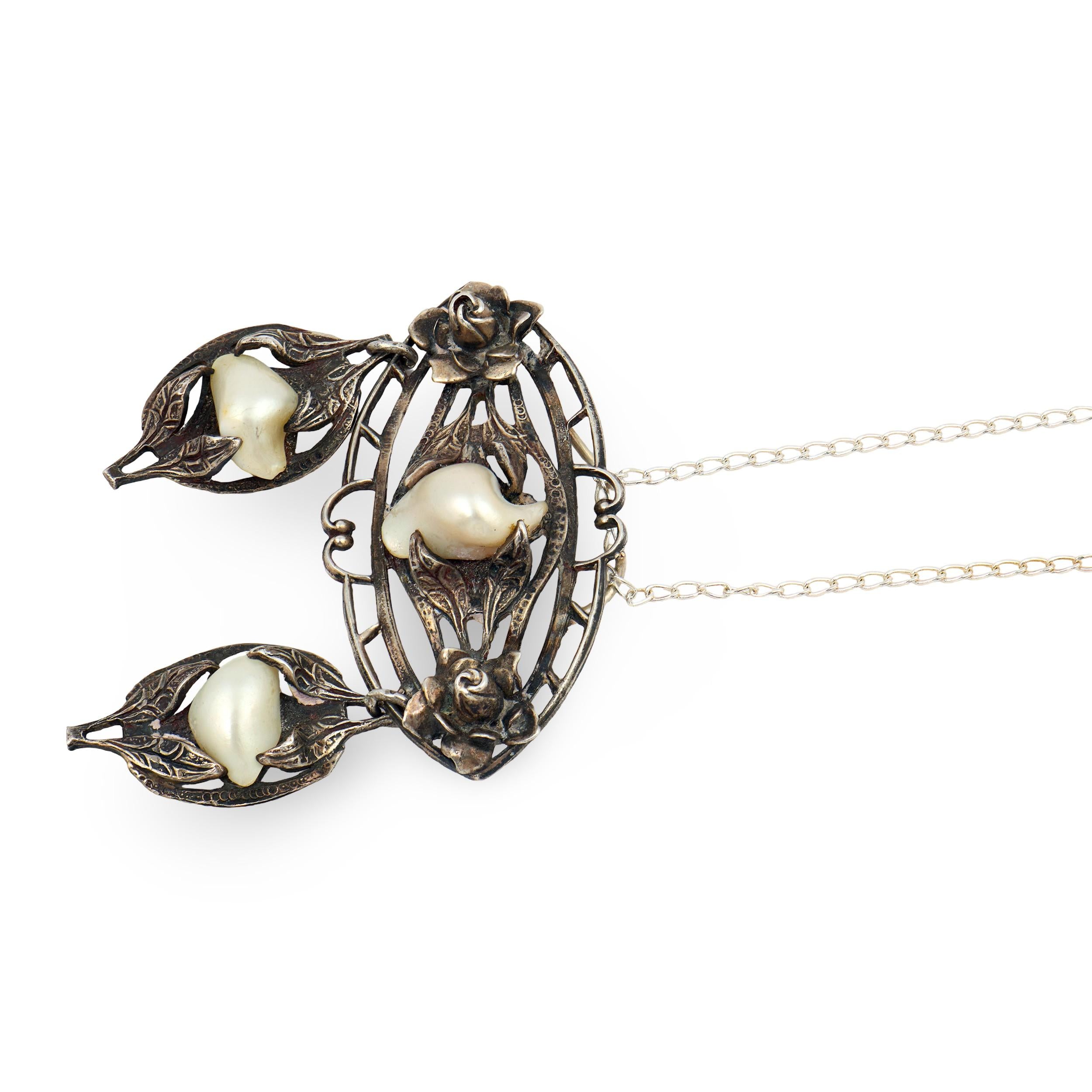 Edwardian Sterling Silver Mississippi River Pearl Lavalier Necklace