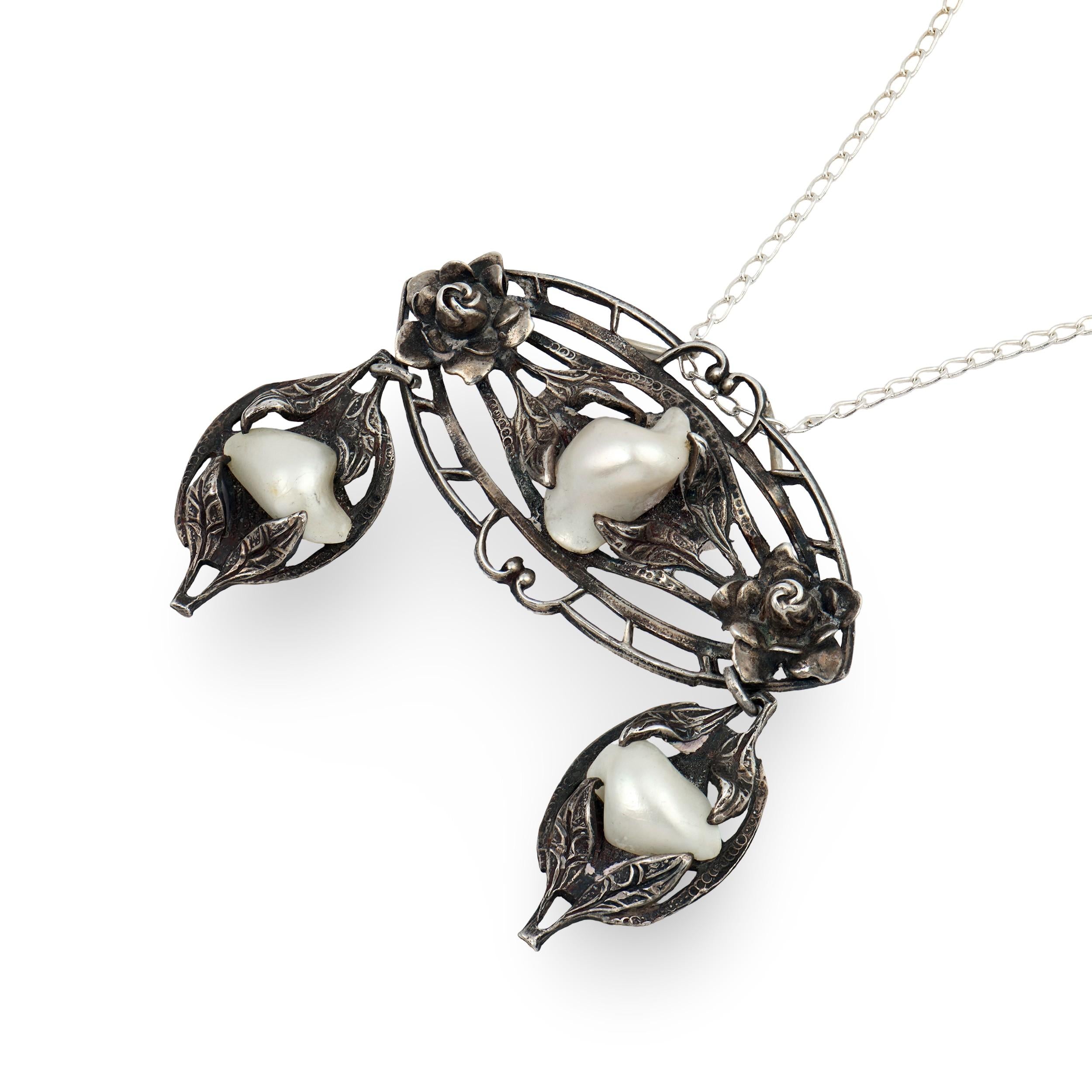 Edwardian Sterling Silver Mississippi River Pearl Lavalier Necklace