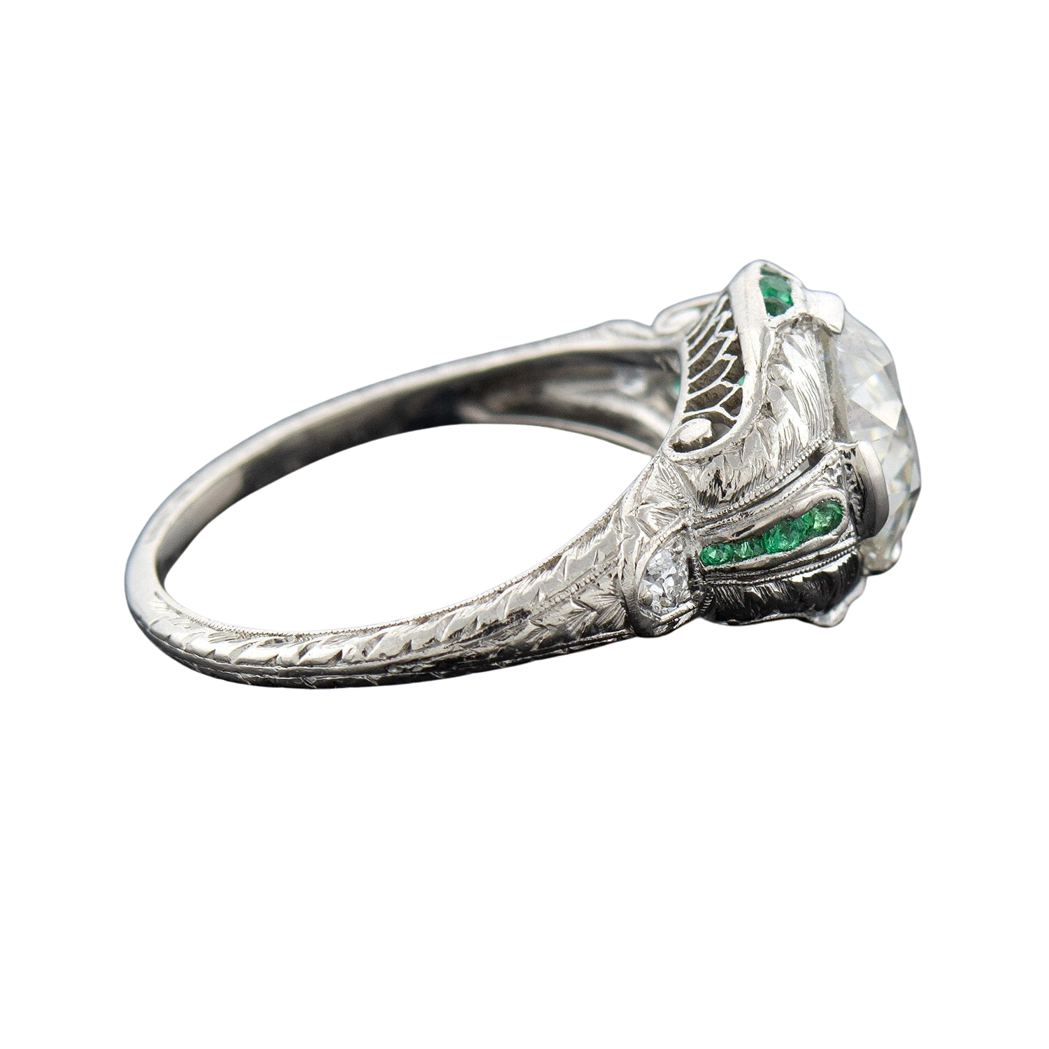 Art Deco Platinum Diamond + Emerald Engagement Ring 2.36ctw Center