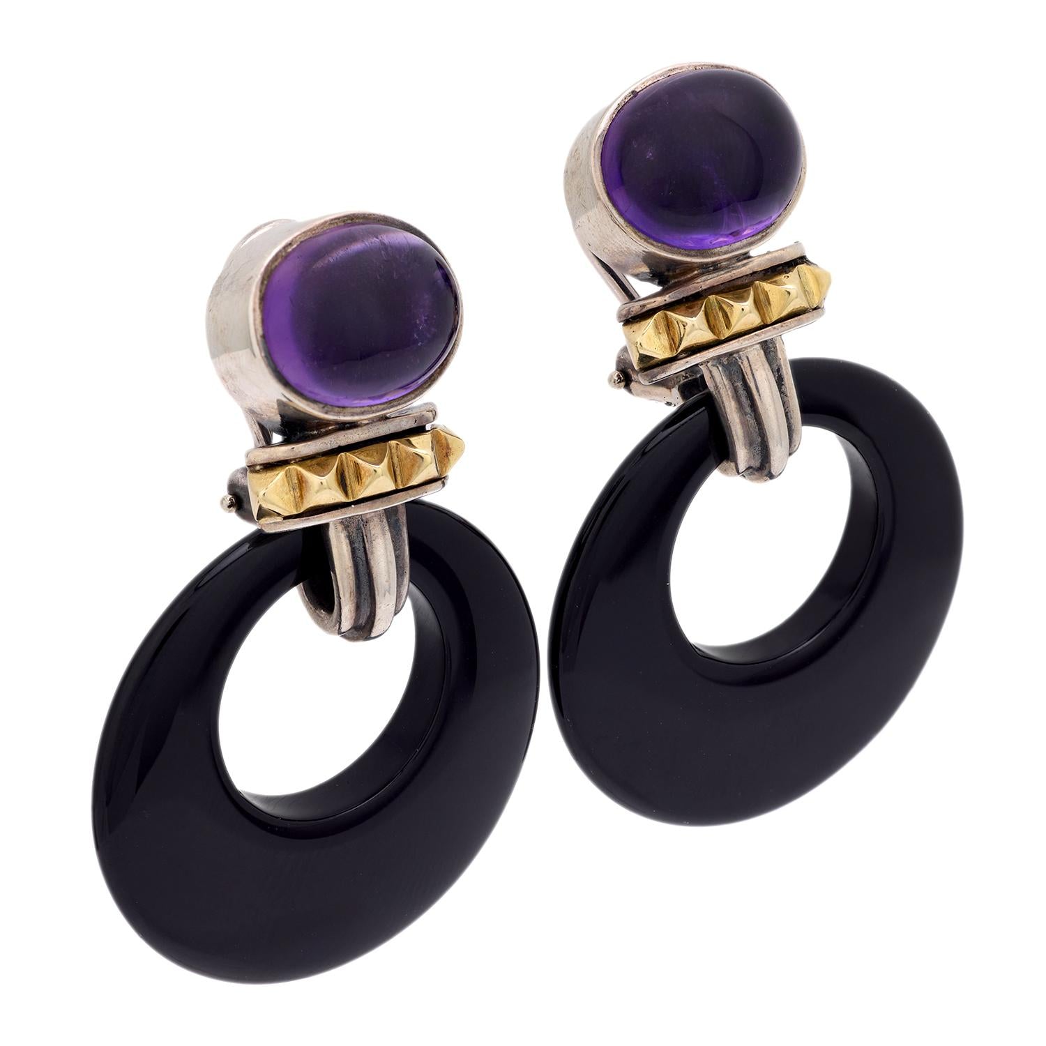 LAGOS Estate 18k/Sterling Silver Amethyst and Onyx Hoop Earrings