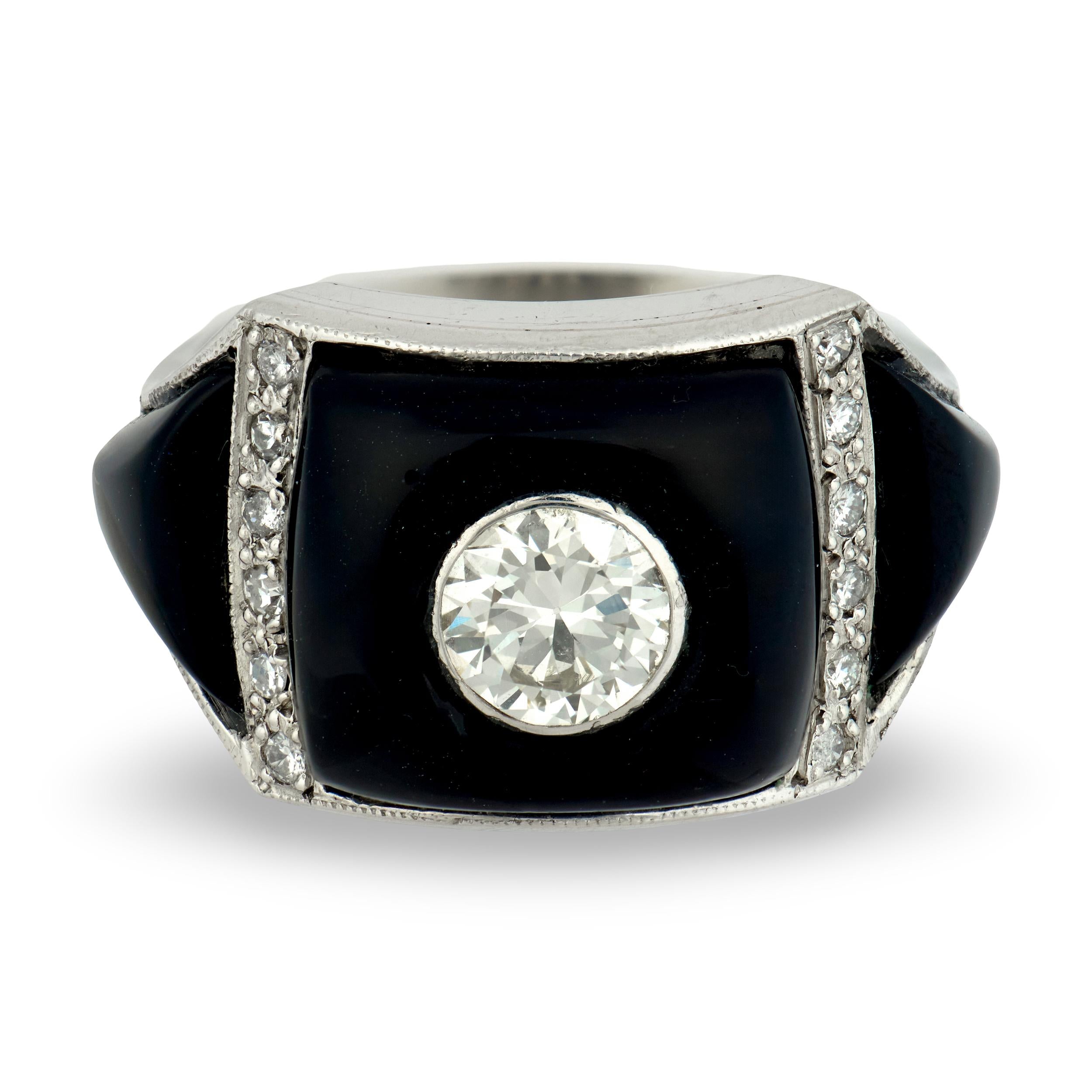 Art Deco Platinum Diamond & Onyx Engagement Ring .85ct