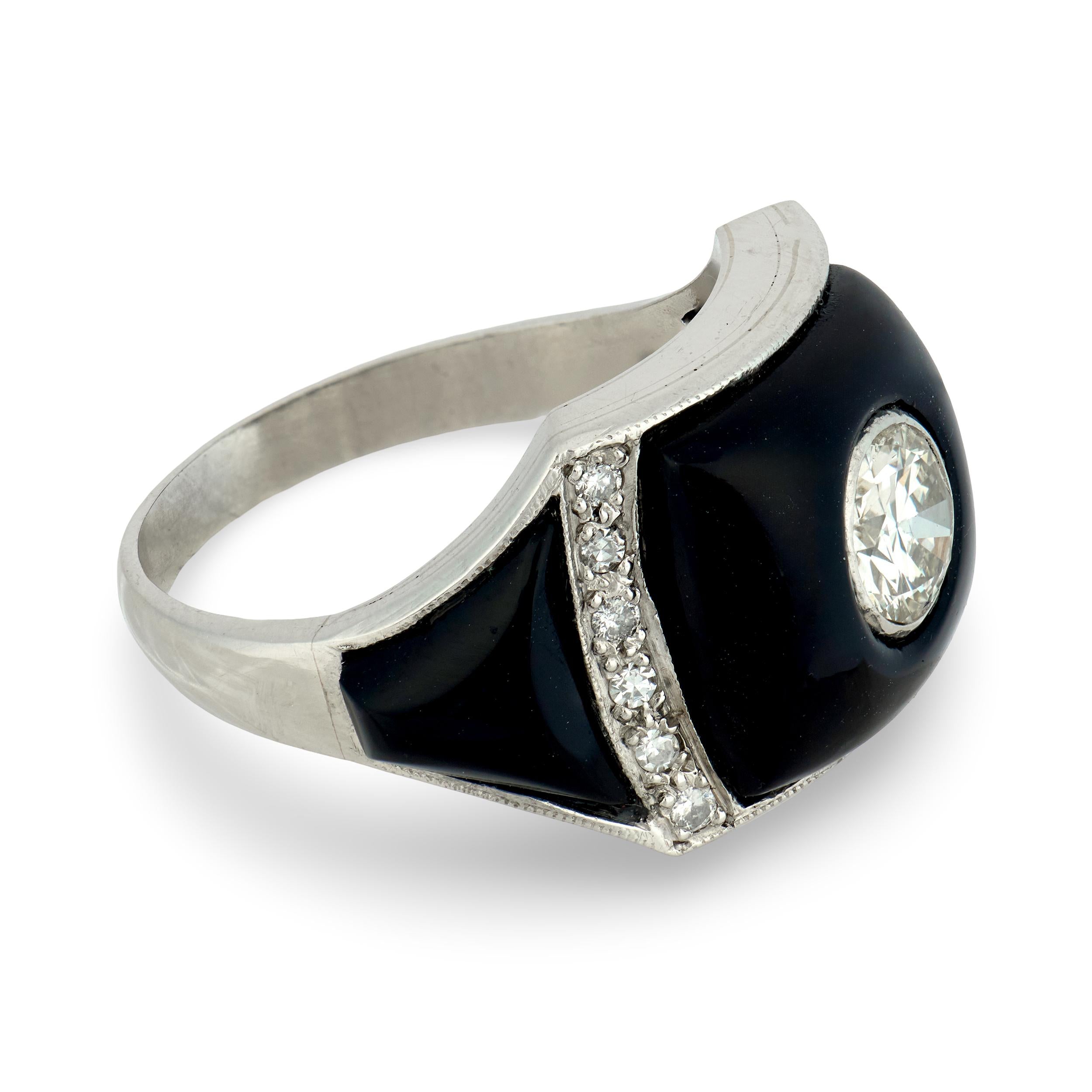 Art Deco Platinum Diamond & Onyx Engagement Ring .85ct