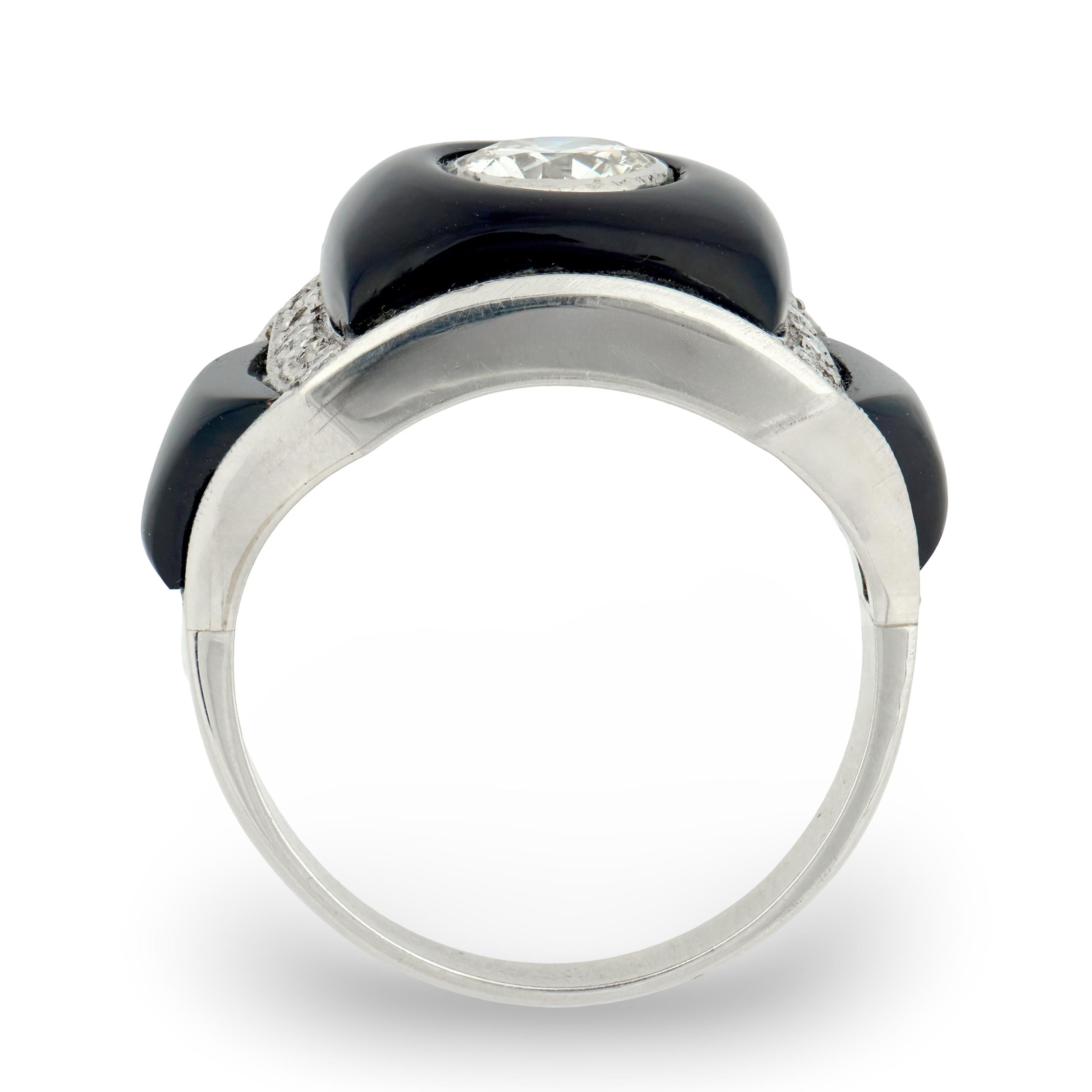 Art Deco Platinum Diamond & Onyx Engagement Ring .85ct