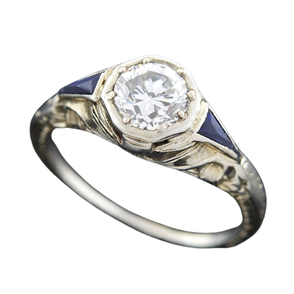 Art Deco 18kt Diamond & Sapphire Engagement Ring .82ct