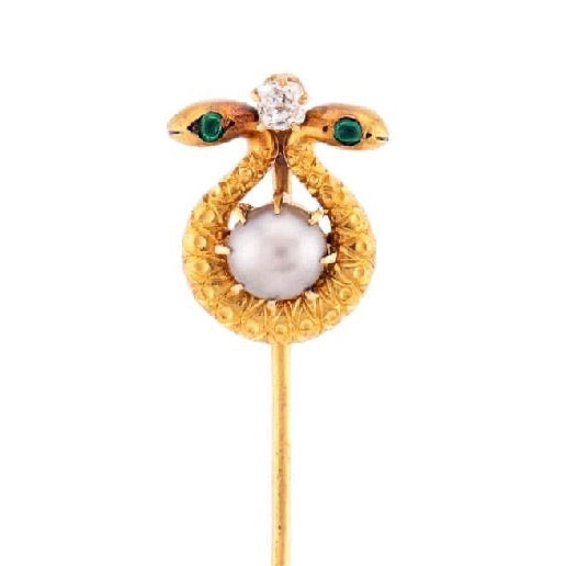 Victorian 14k Snakehead’s Emerald, Diamond, & Pearl Stick Pin