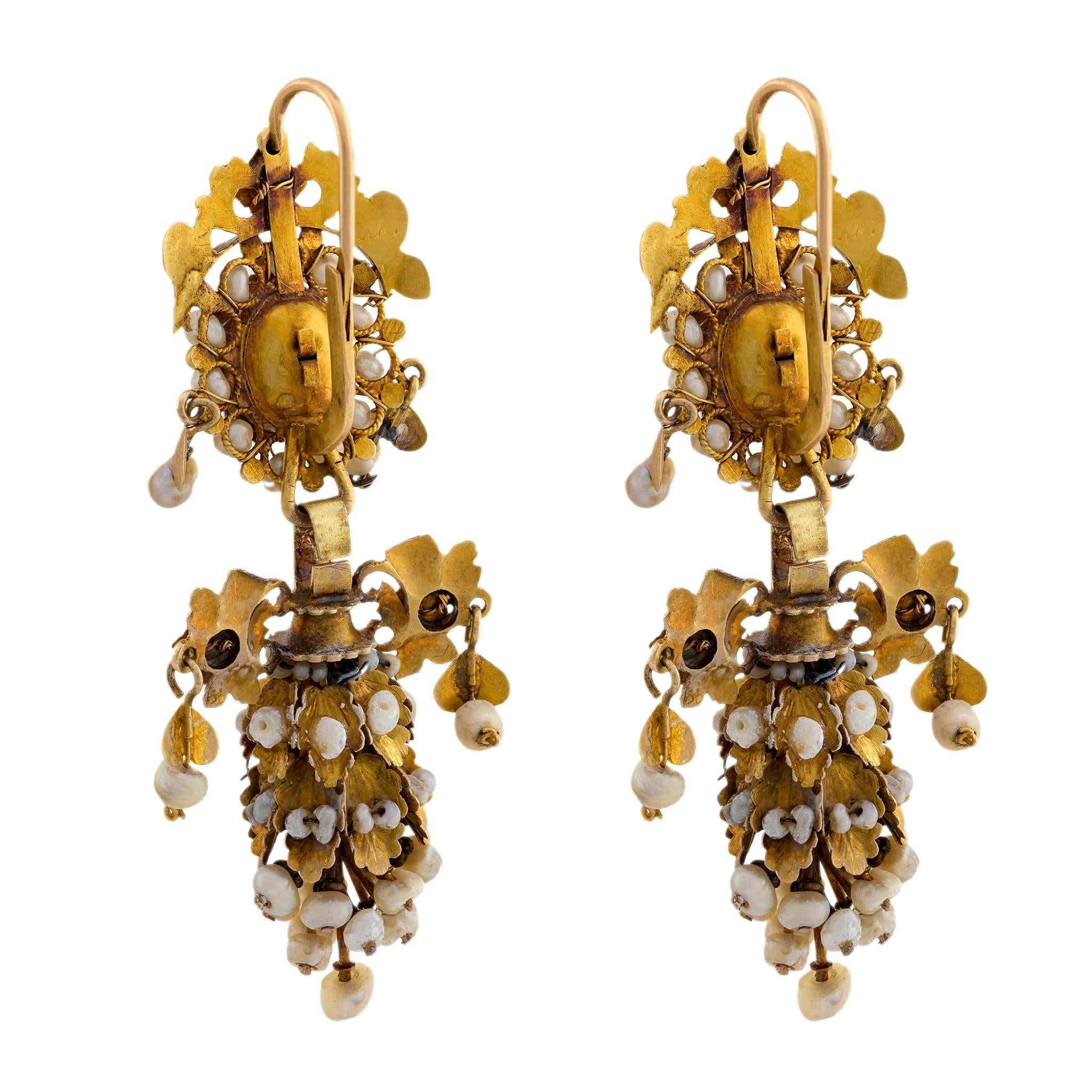 Georgian French 18k Seed Pearl Chandelier Earrings