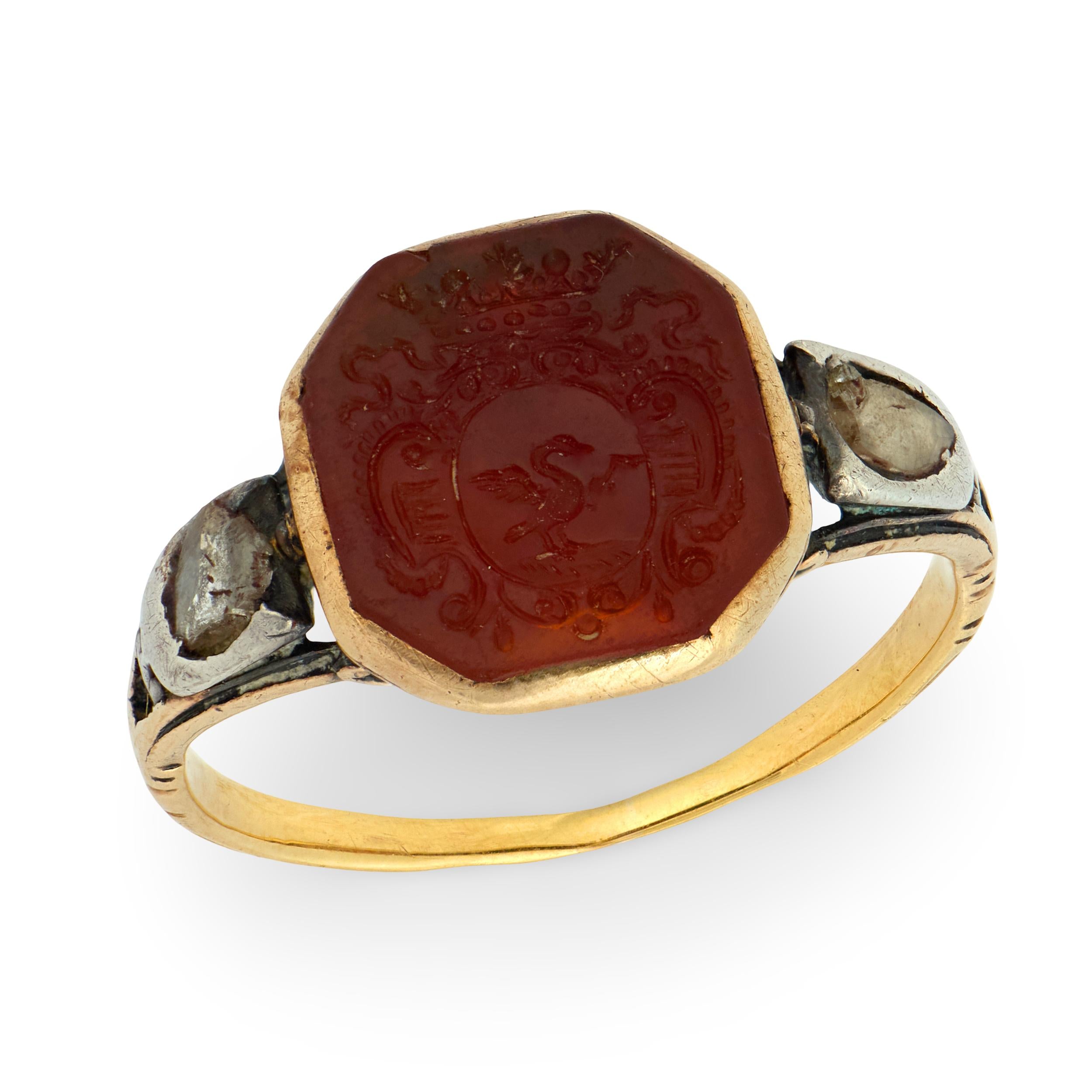 Georgian 14k/Sterling Silver Carnelian & Diamond Signet Ring
