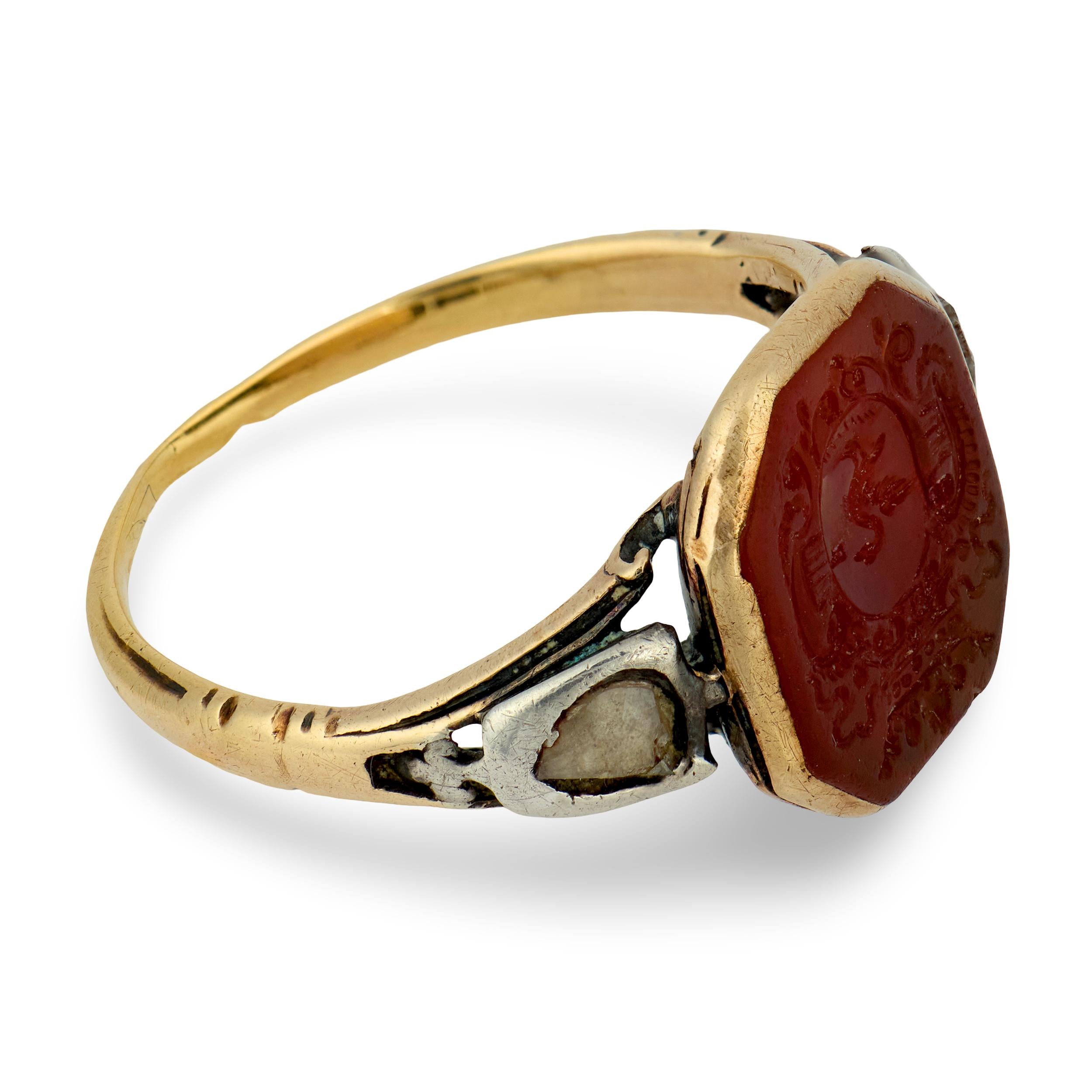 Georgian 14k/Sterling Silver Carnelian & Diamond Signet Ring