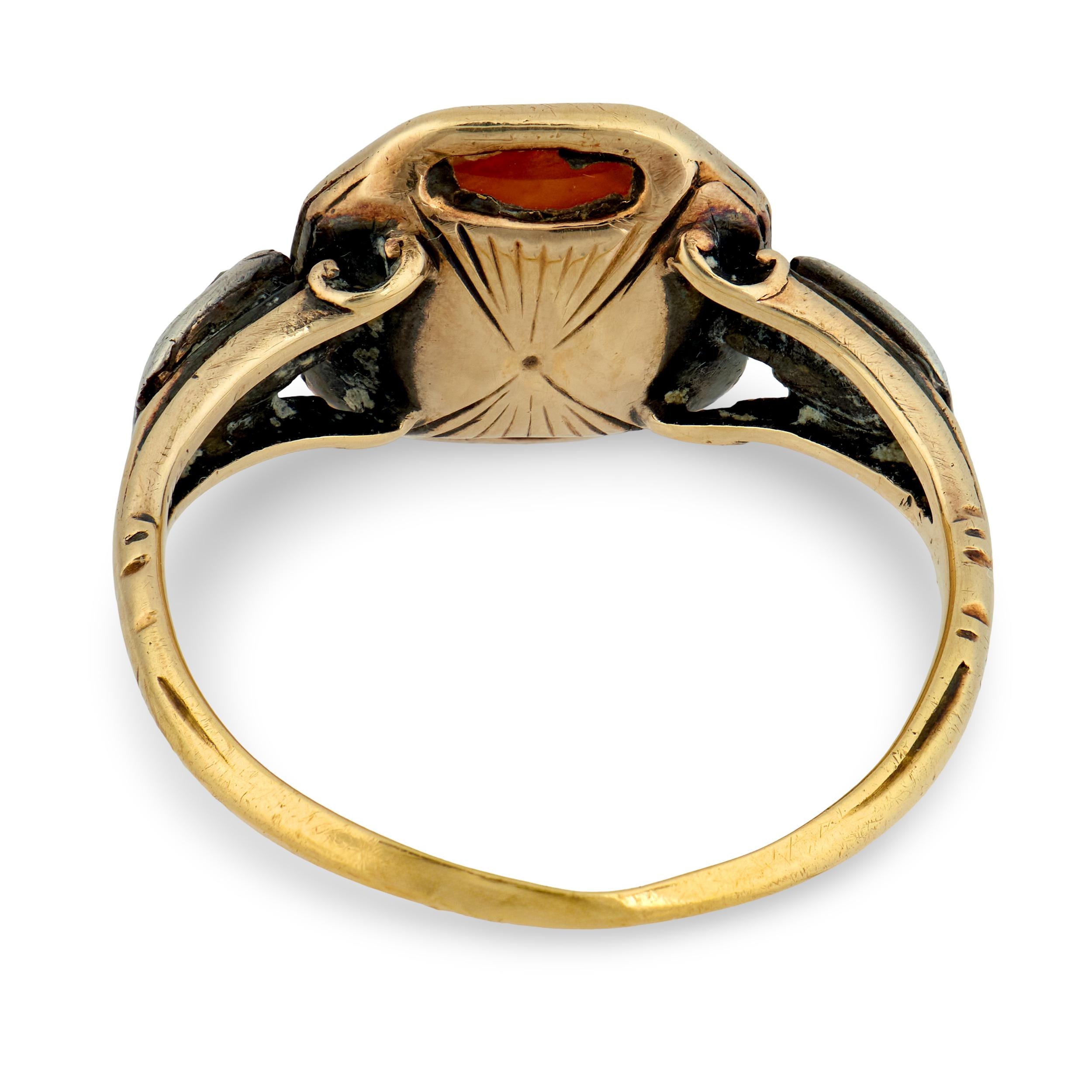 Georgian 14k/Sterling Silver Carnelian & Diamond Signet Ring