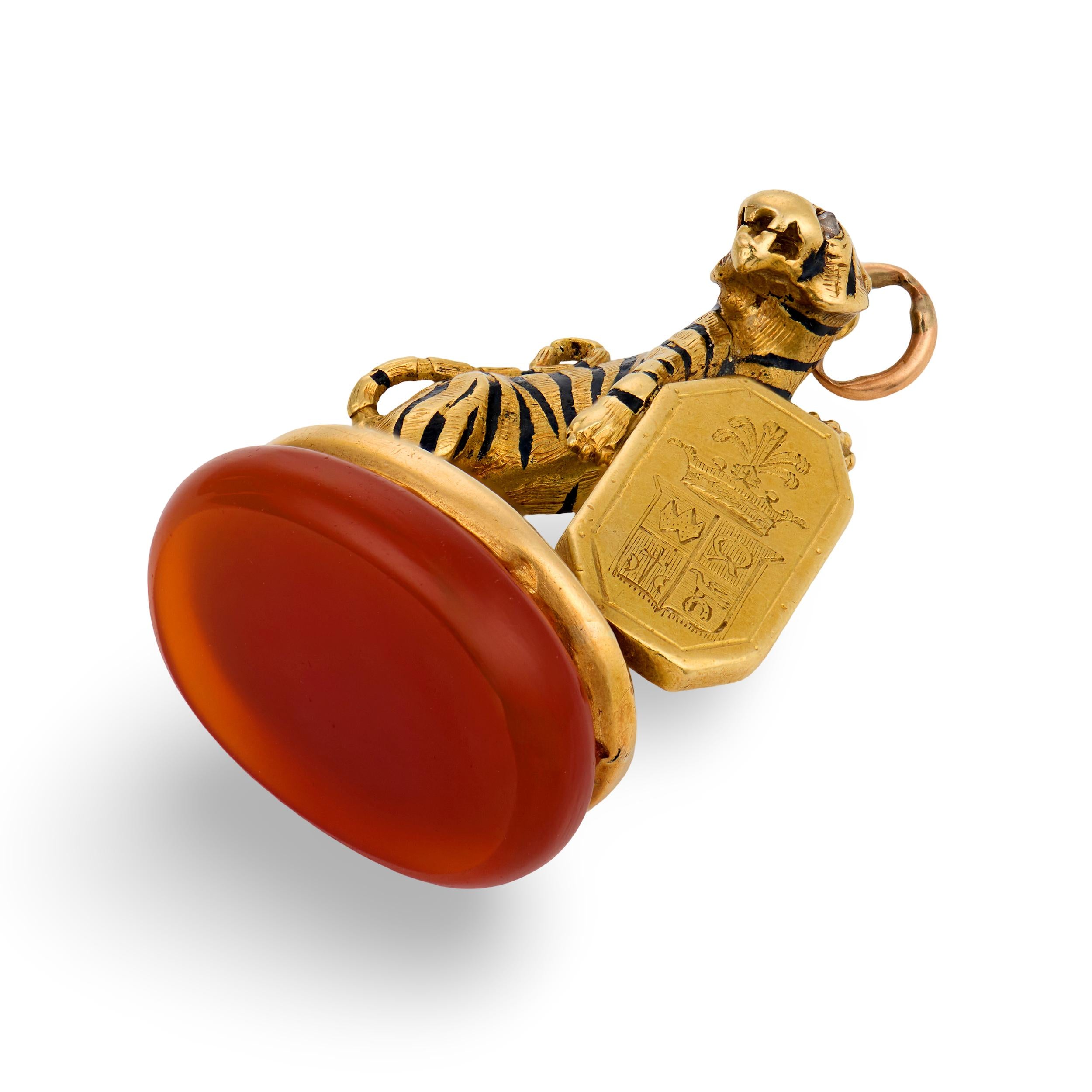 Victorian French 18k Carnelian, Diamond, & Enamel Tiger Fob
