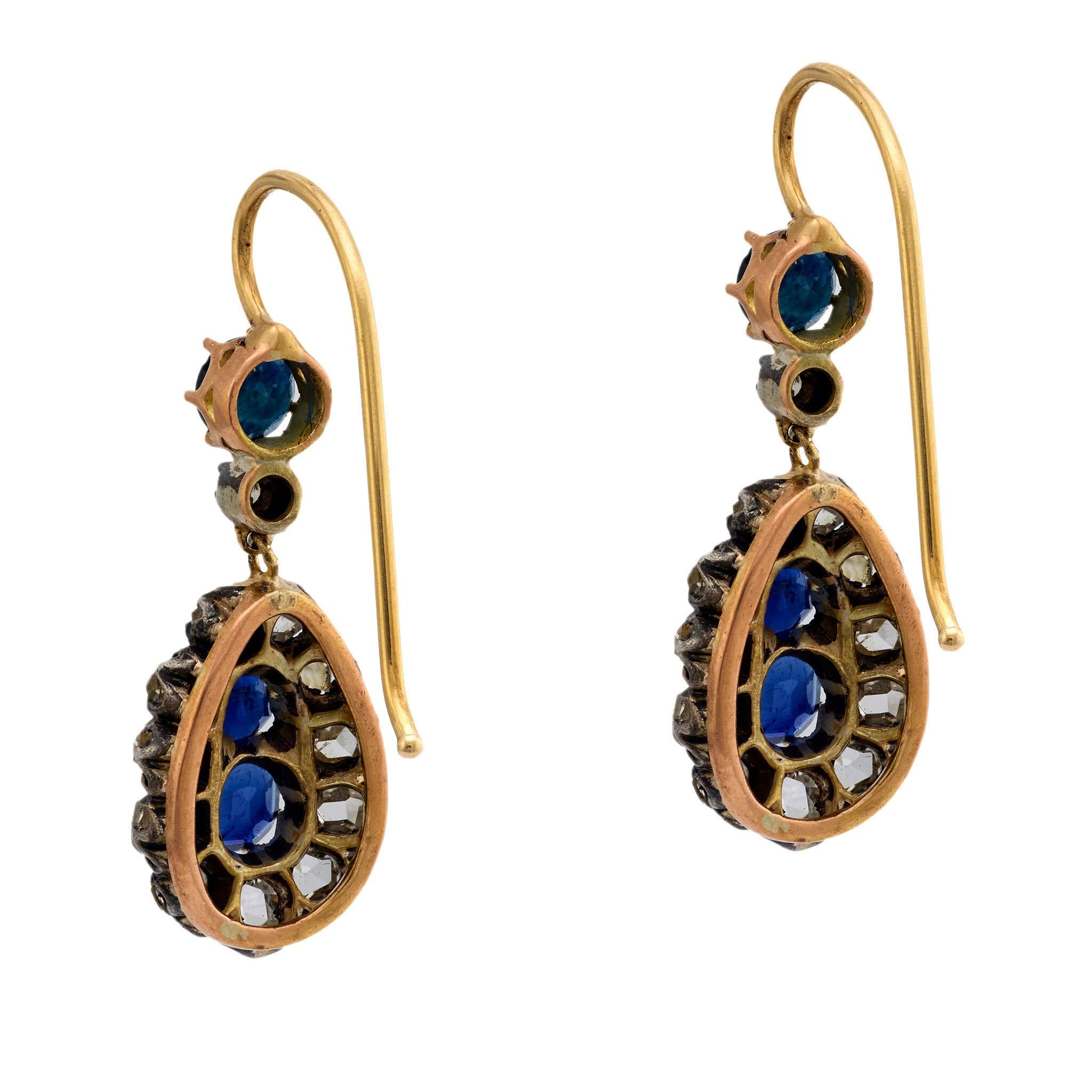 Victorian 18k/Sterling Silver Sapphire and Diamond Earrings