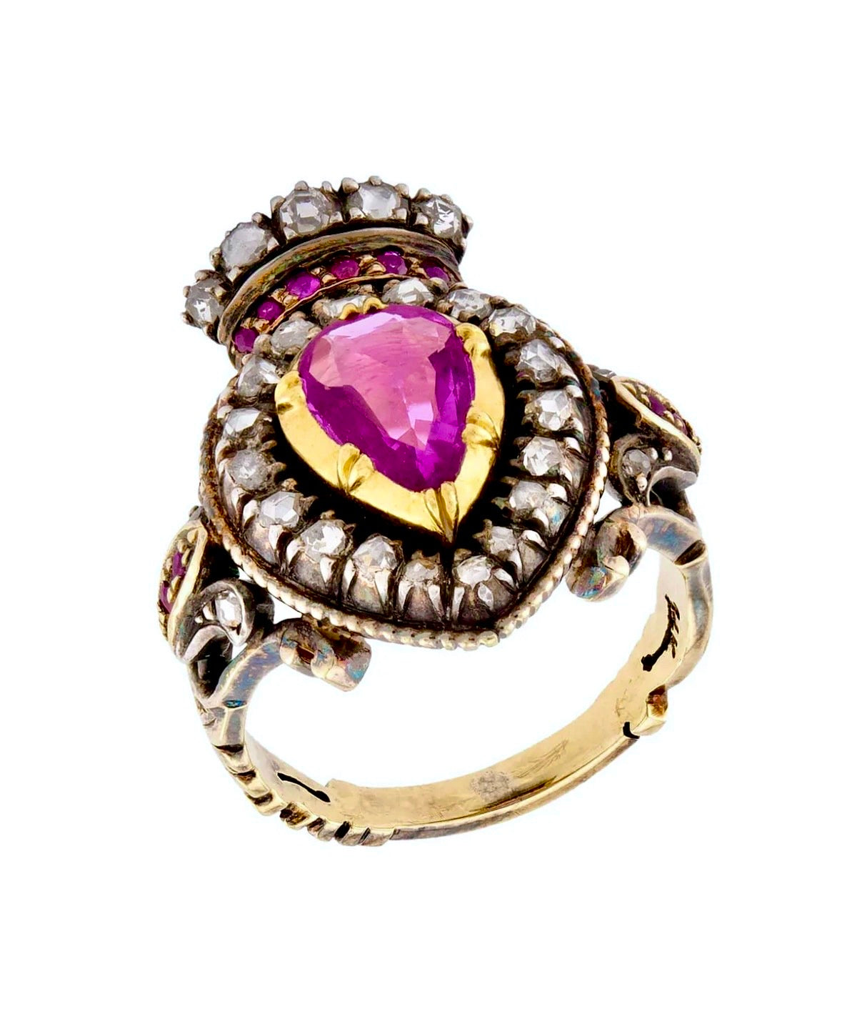 Victorian 14k/Sterling Silver Ruby & Diamond Crown Ring