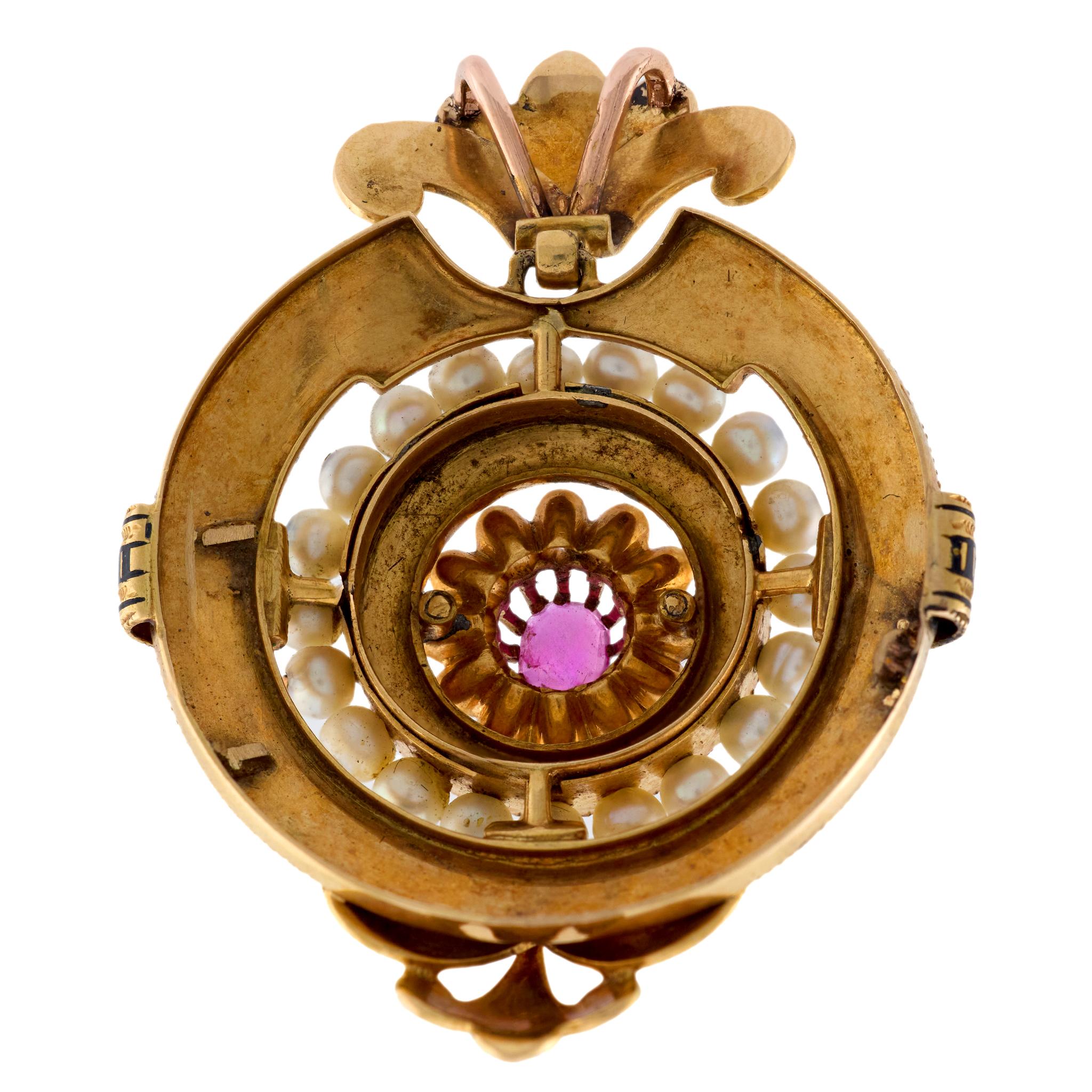 Victorian French 18k Ruby, Pearl, + Enamel Pendant