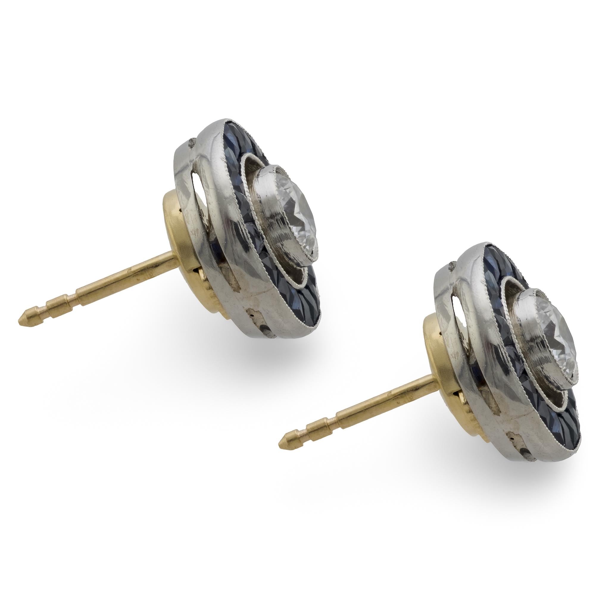 Estate 14k/Platinum Diamond & Sapphire Halo Earrings
