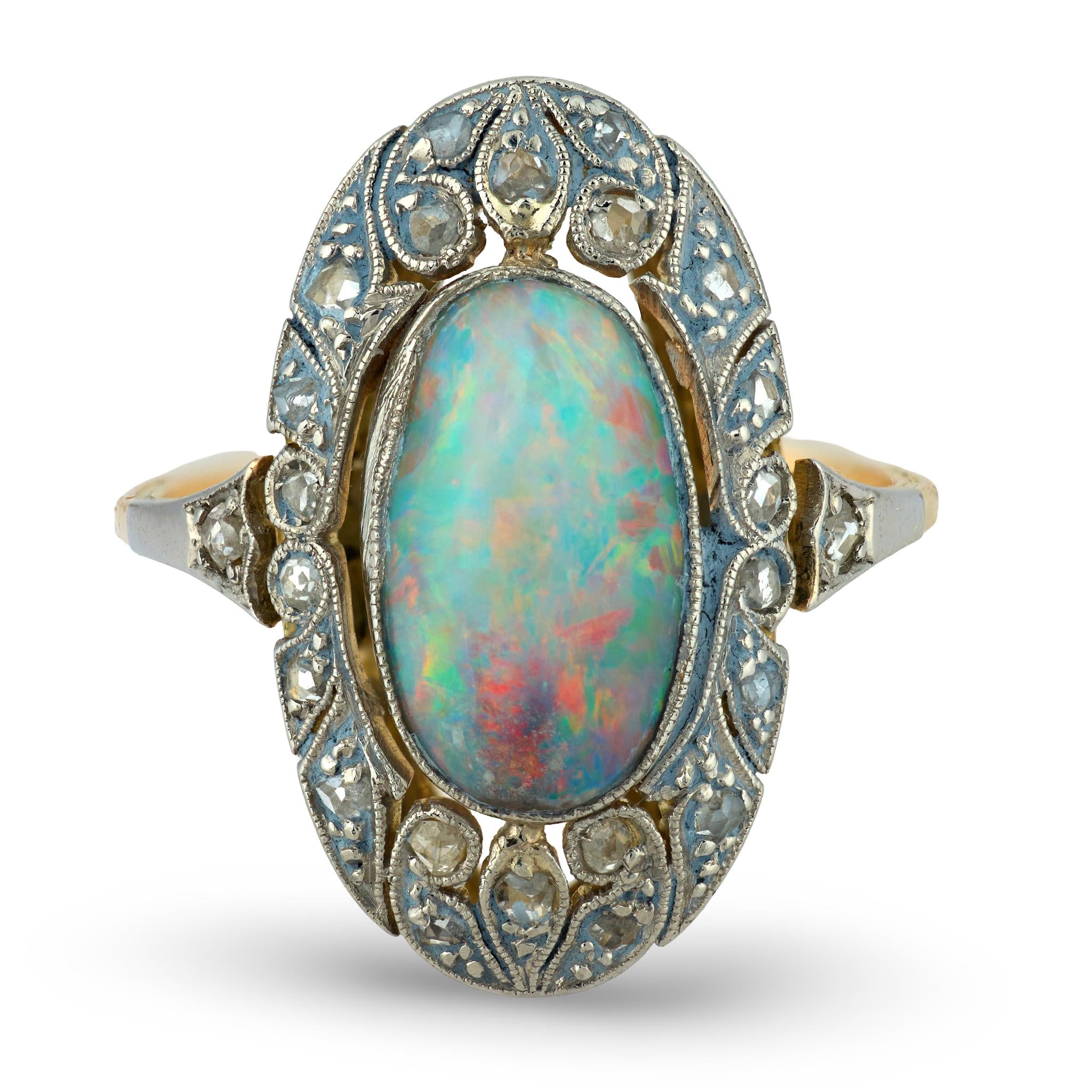 Edwardian 14k/Platinum Opal & Diamond Halo Ring