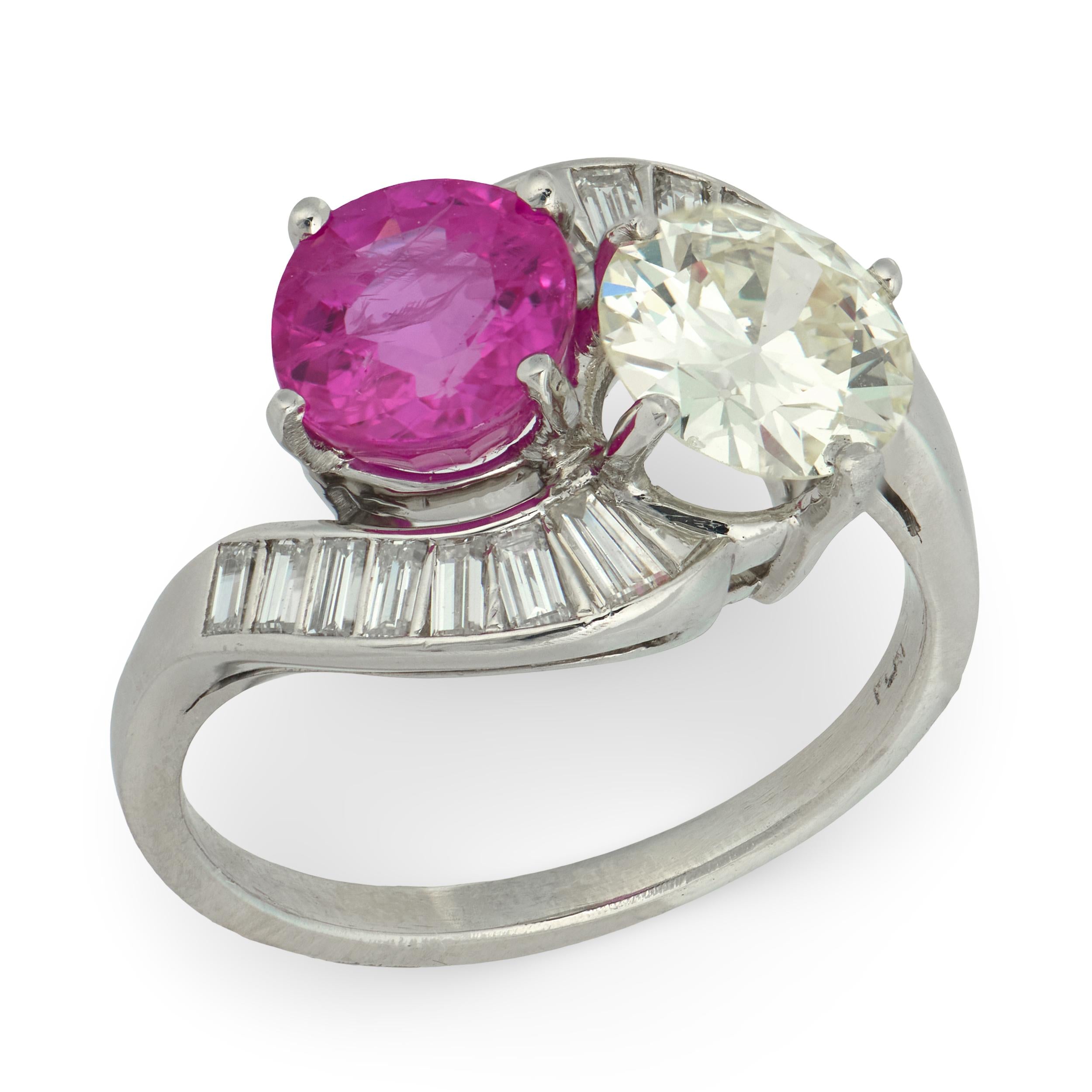 Estate Platinum Pink Sapphire & Diamond "Moi et Toi" Bypass Ring