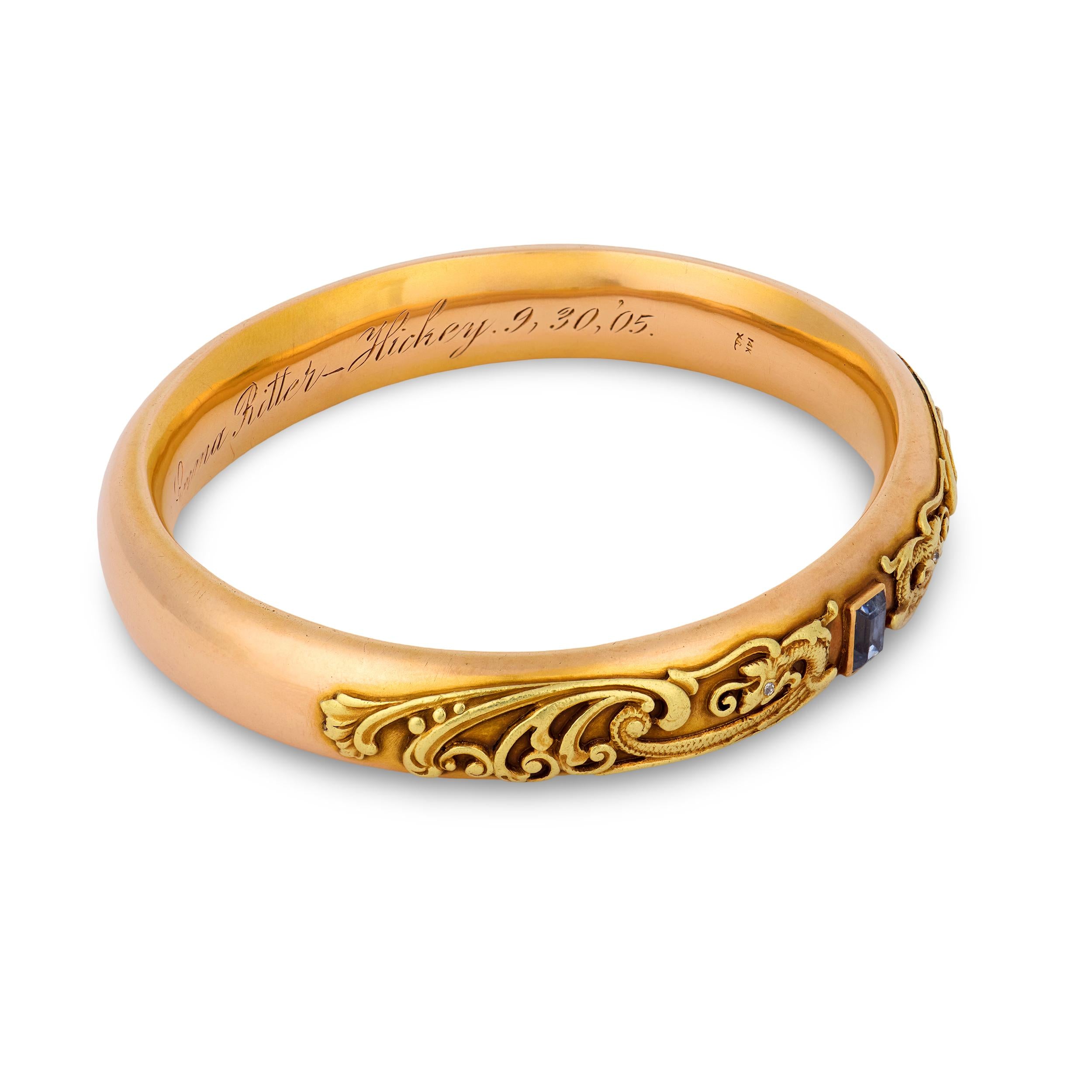 RIKER BROS. Art Nouveau 14k Diamond & Aqua Dragon-Motif Bangle