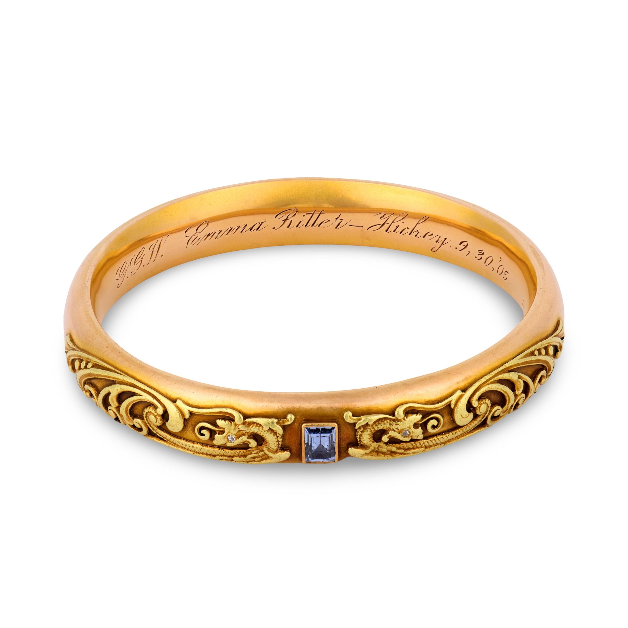 RIKER BROS. Art Nouveau 14k Diamond & Aqua Dragon-Motif Bangle