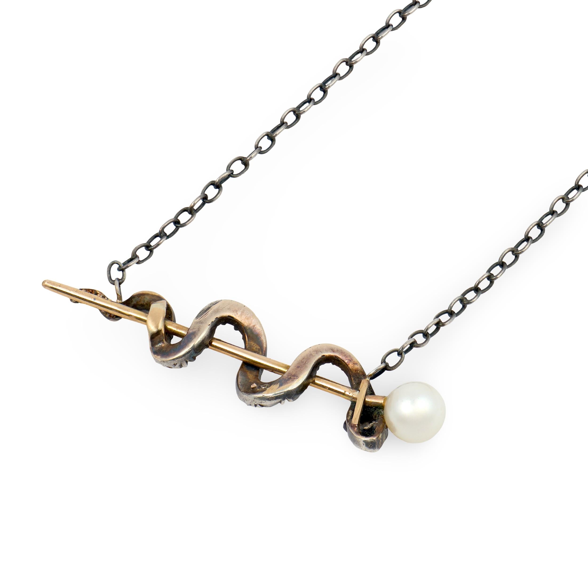 Victorian 15k/Sterling Diamond, Ruby, Pearl "Rod of Asclepius" Pendant Necklace