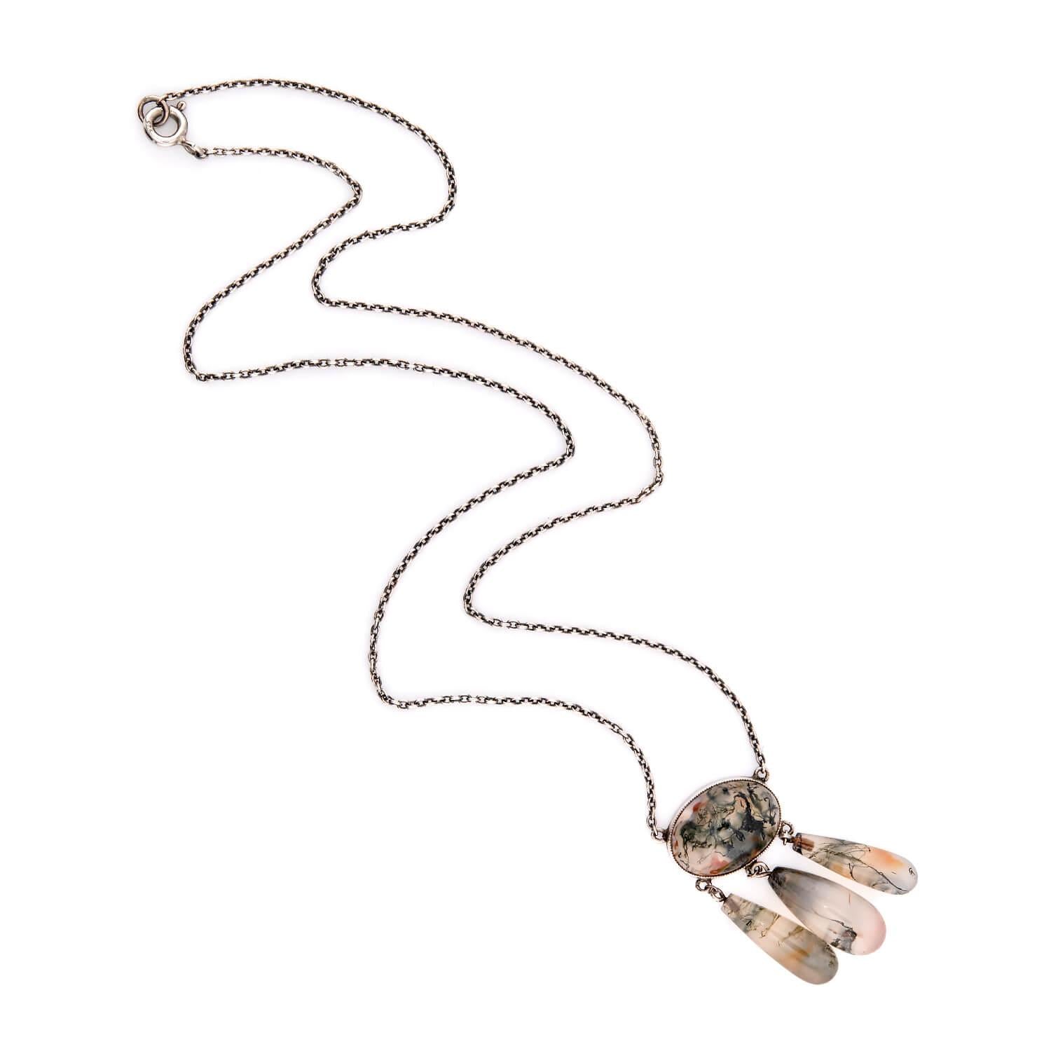Art Nouveau Sterling Silver Moss Agate Pendant Necklace