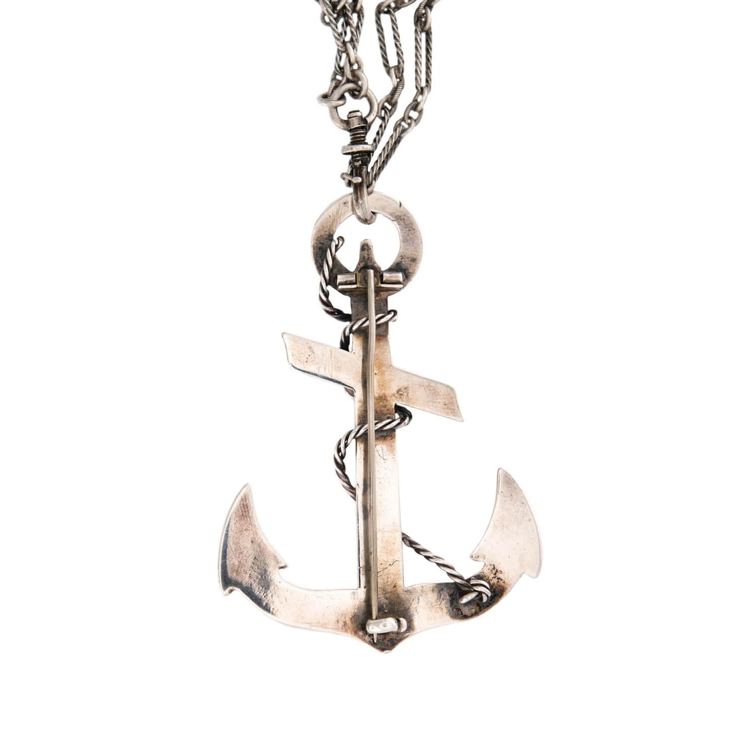 Victorian Sterling Silver Anchor Pendant Necklace 62"