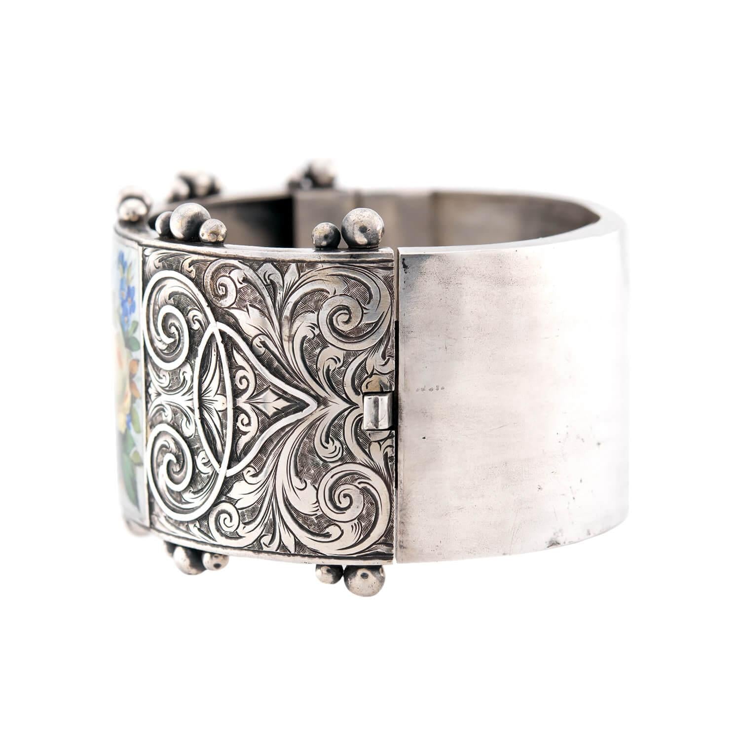 Victorian Sterling Silver Enamel Floral Motif Bangle