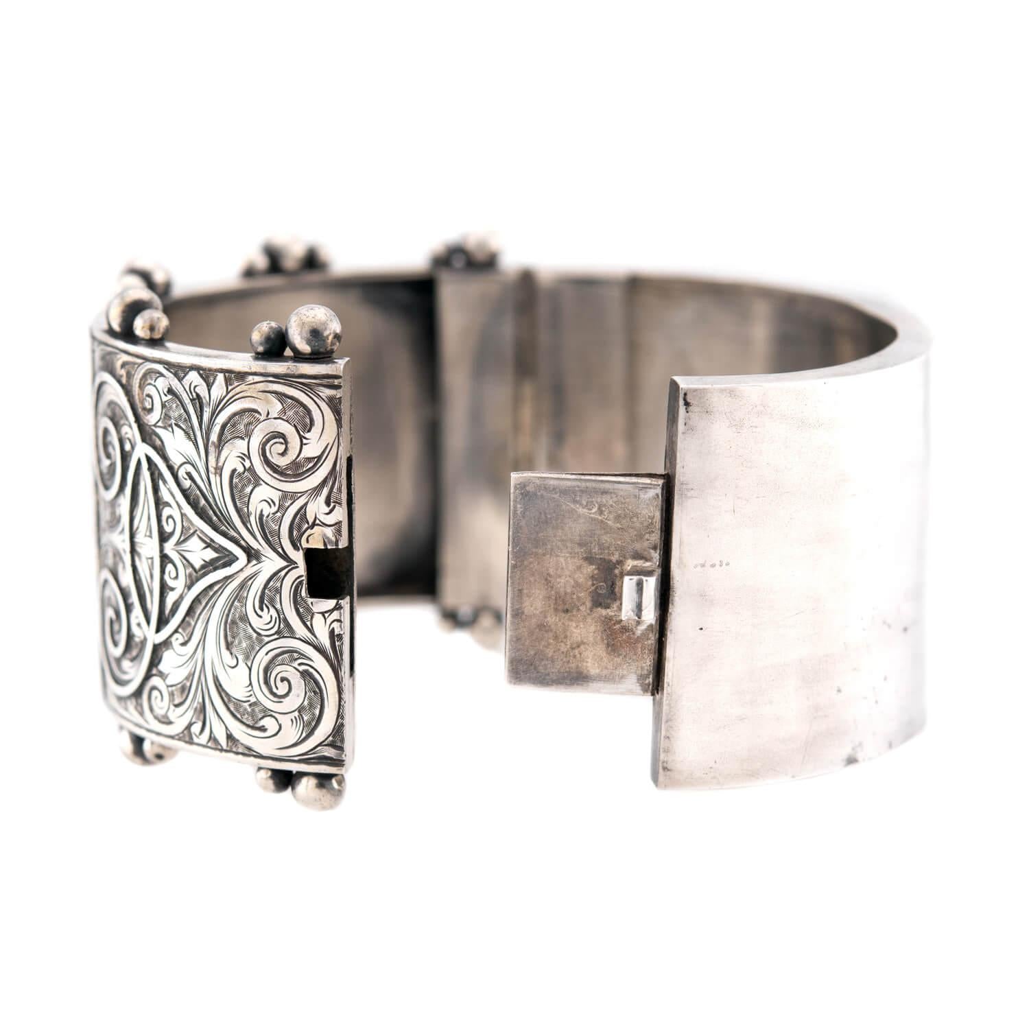 Victorian Sterling Silver Enamel Floral Motif Bangle
