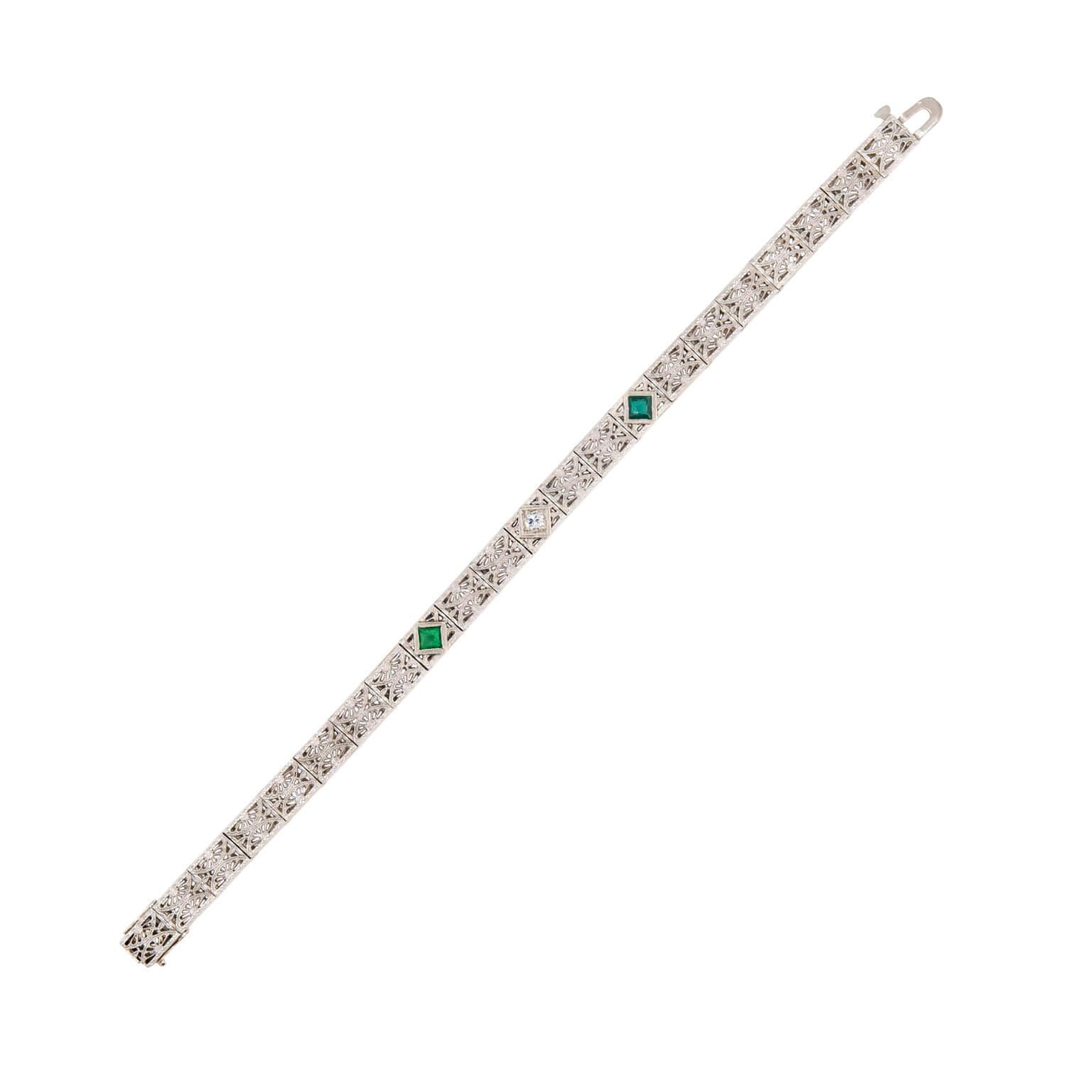 Art Deco 14k "Emerald" & Diamond Line Bracelet