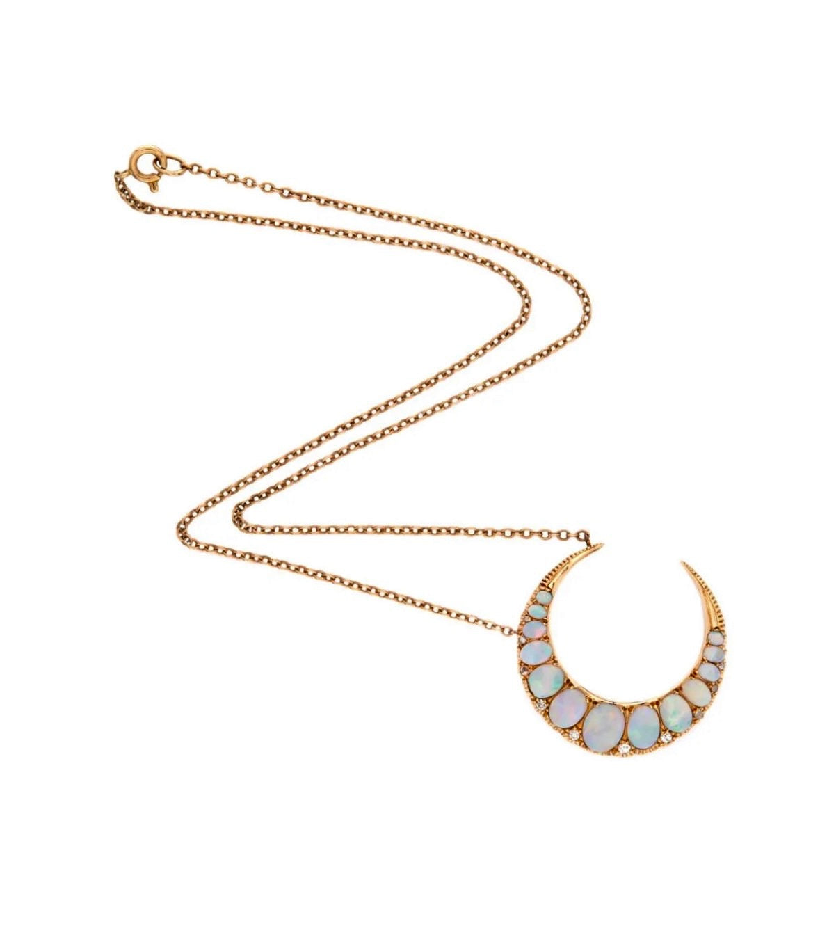 Victorian 18k Opal & Diamond Crescent Pendant Necklace
