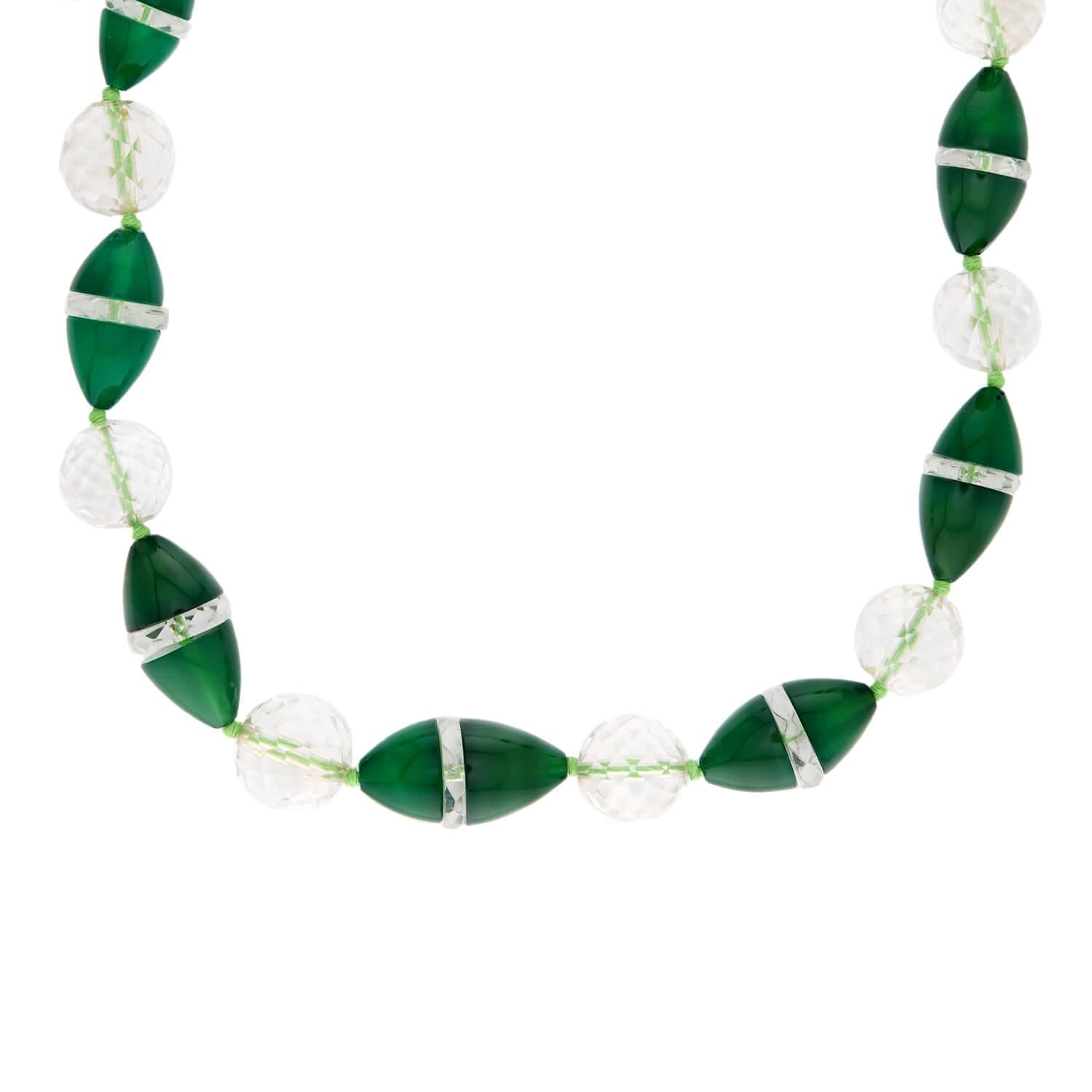 Art Deco Sterling Silver Chrysoprase and Rock Quartz Crystal Bead Necklace 16"