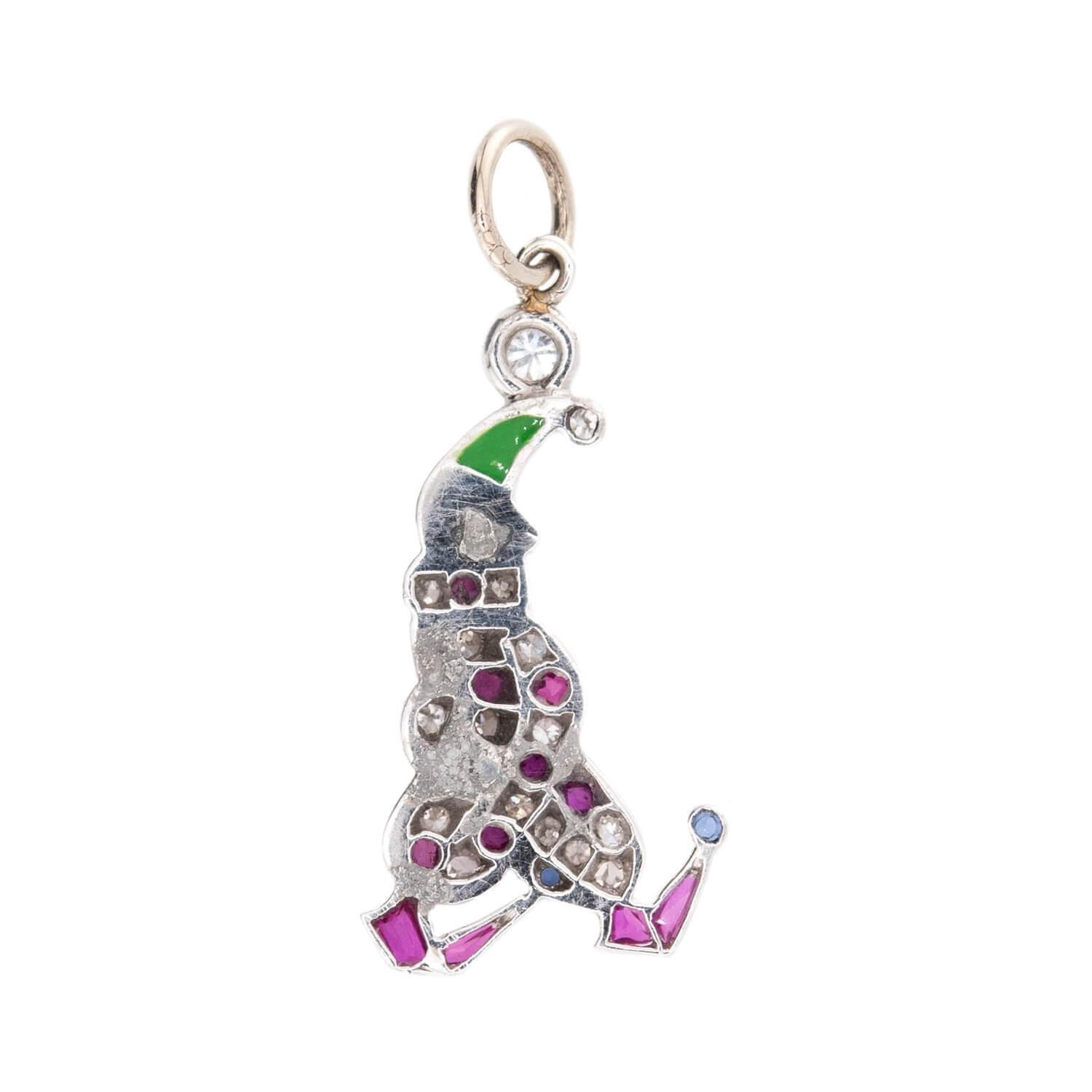 Art Deco Platinum Diamond, Ruby, Sapphire, & Enamel Clown Pendant/Charm