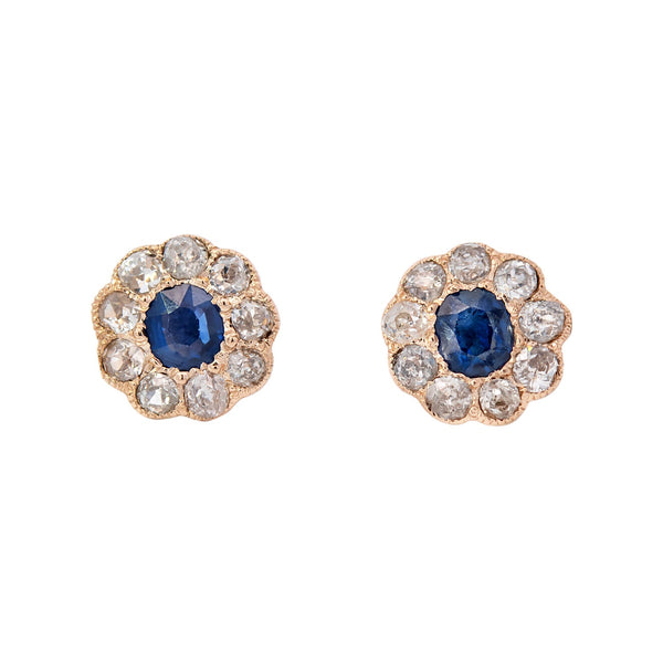 Victorian 18k Sapphire with Diamond Halo Stud Earrings