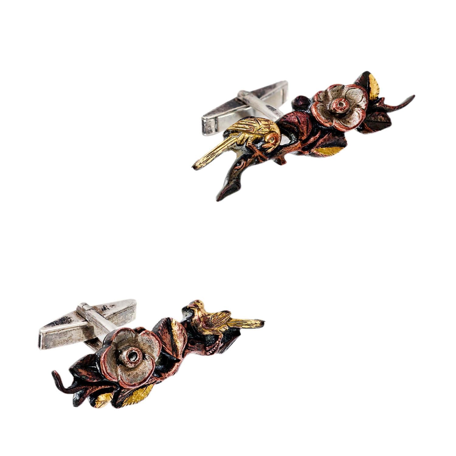 Vintage Sterling Silver Shakudo Bird and Floral Motif Cufflinks