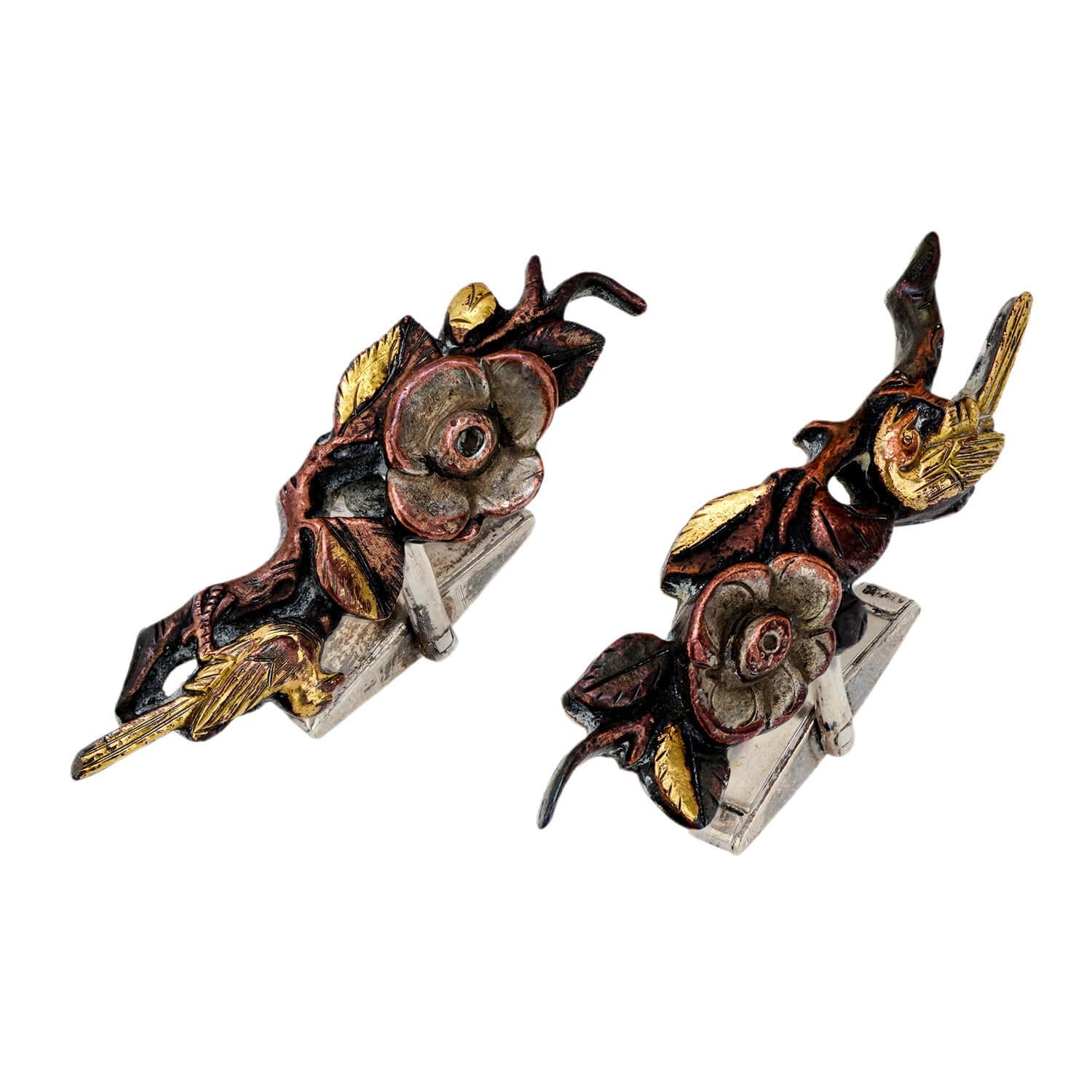 Vintage Sterling Silver Shakudo Bird and Floral Motif Cufflinks