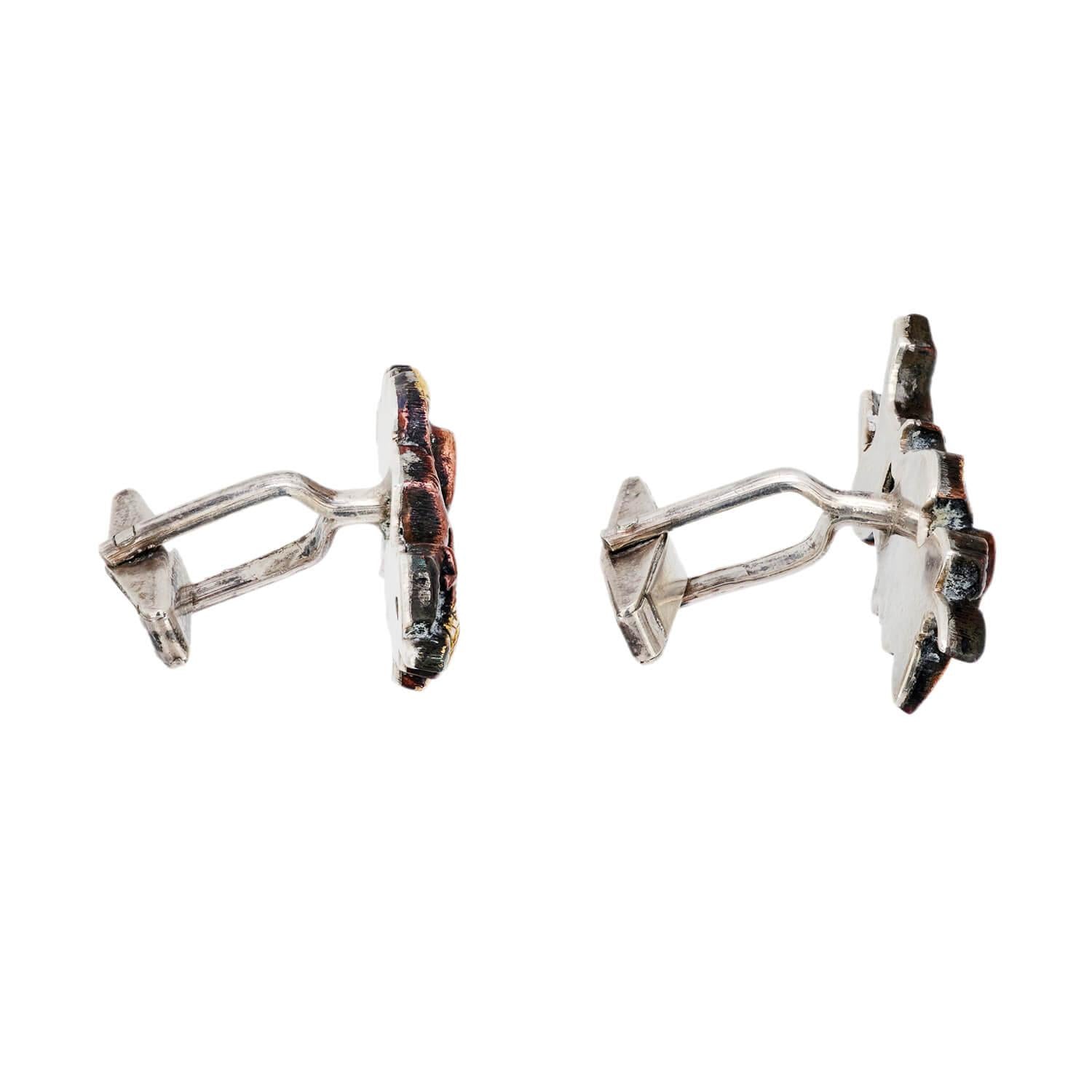 Vintage Sterling Silver Shakudo Bird and Floral Motif Cufflinks