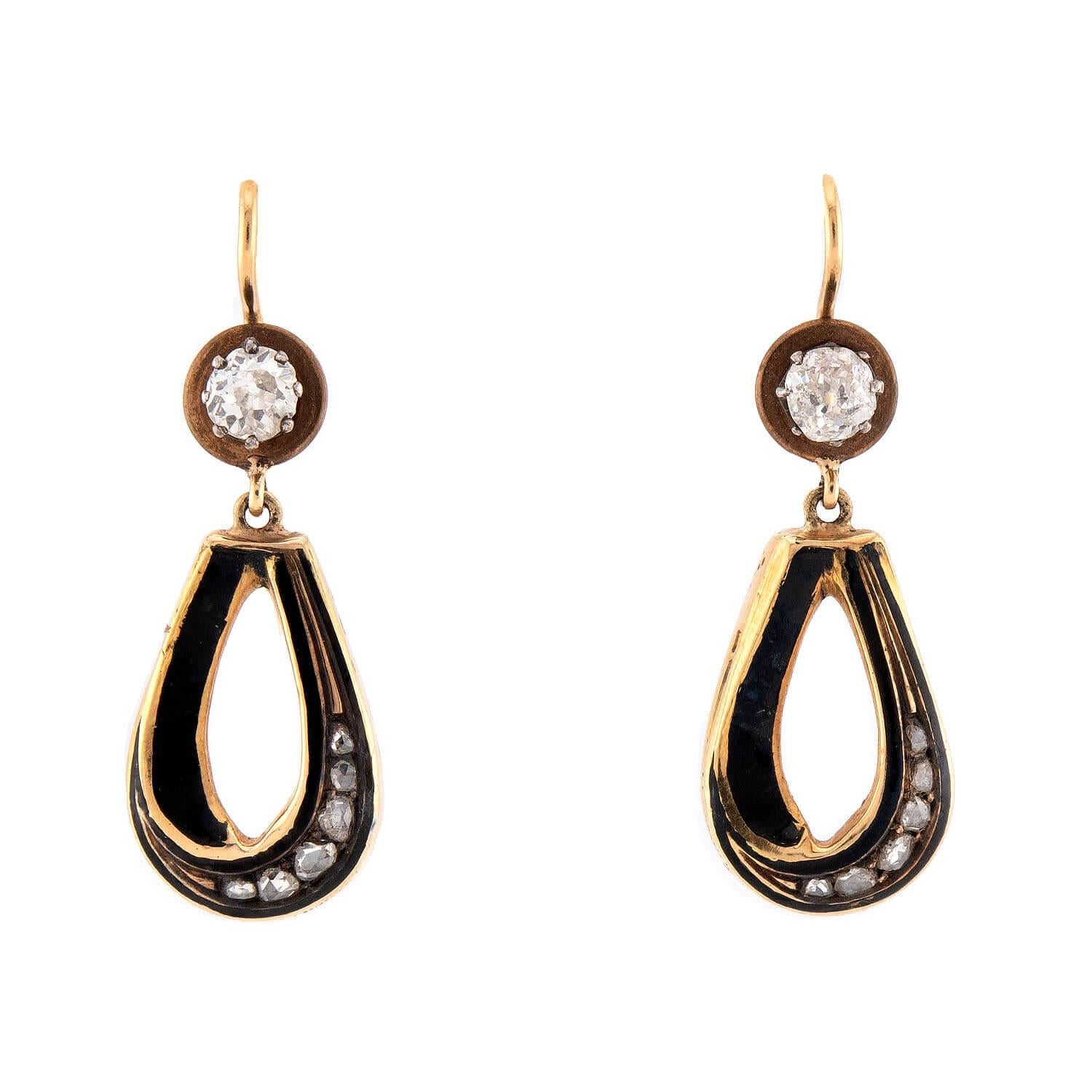 Victorian 14k Diamond & Enamel Dangle Earrings
