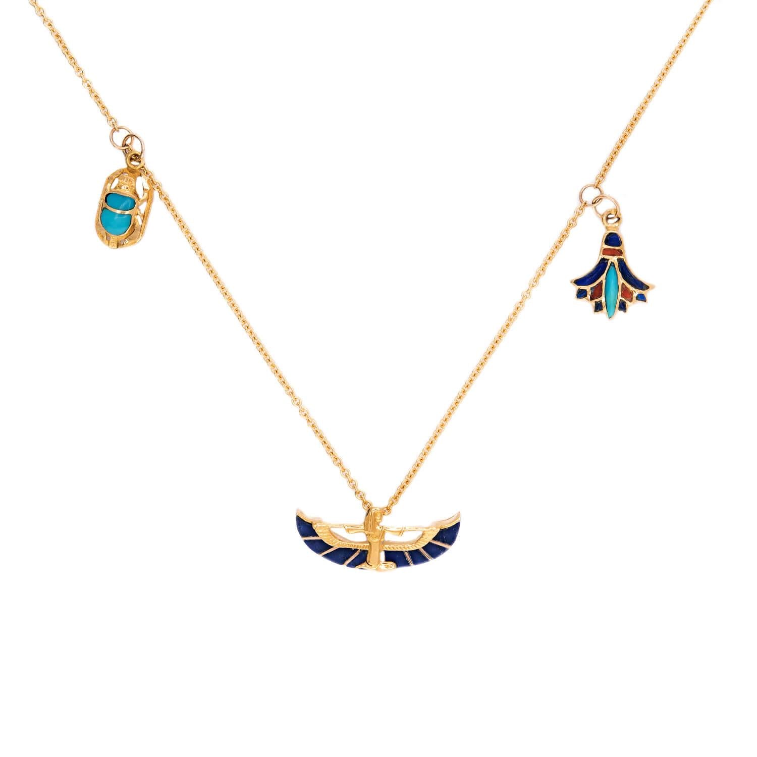 Vintage Egyptian 18k Enamel Charm Necklace