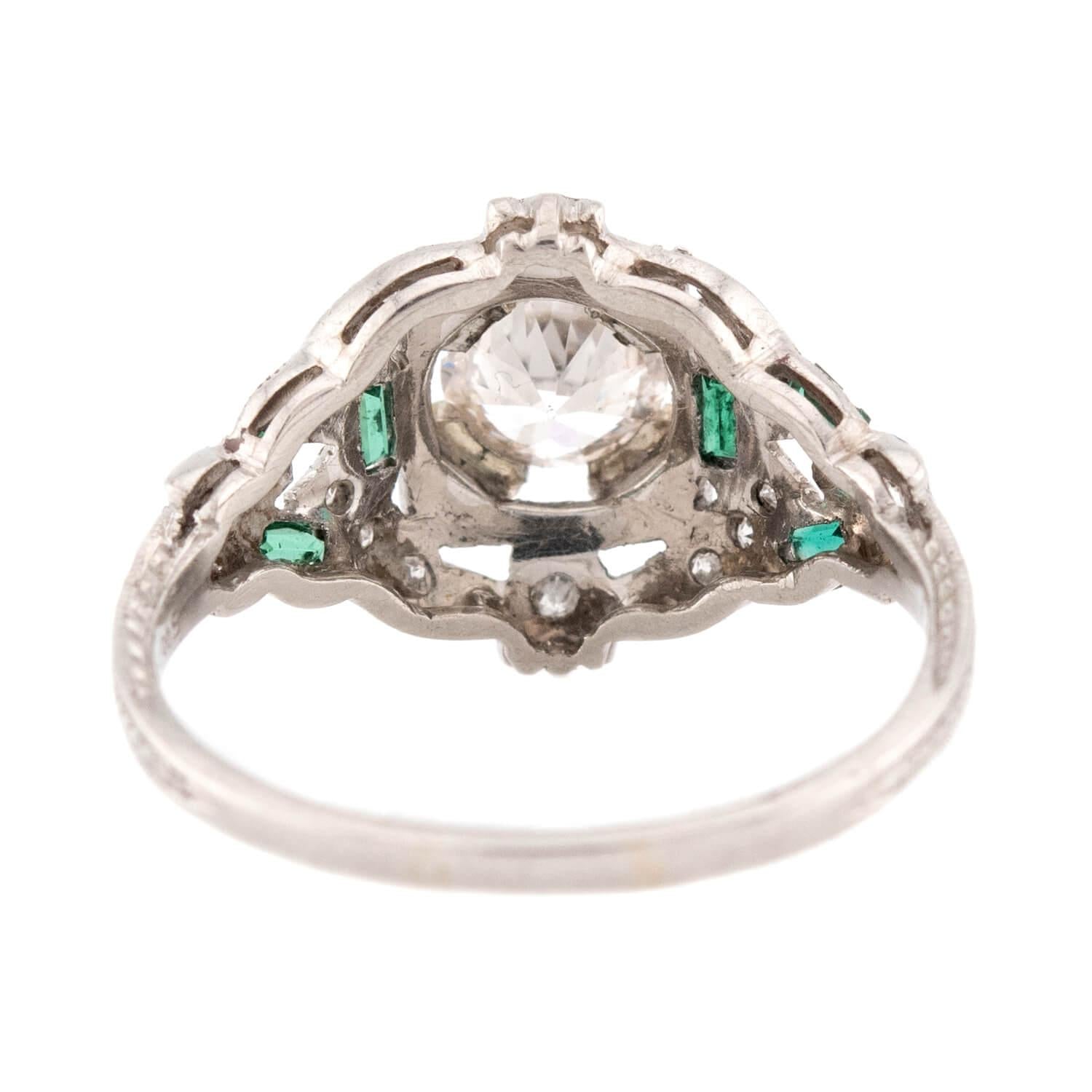 Art Deco Platinum Diamond & Emerald Engagement Ring .80ct