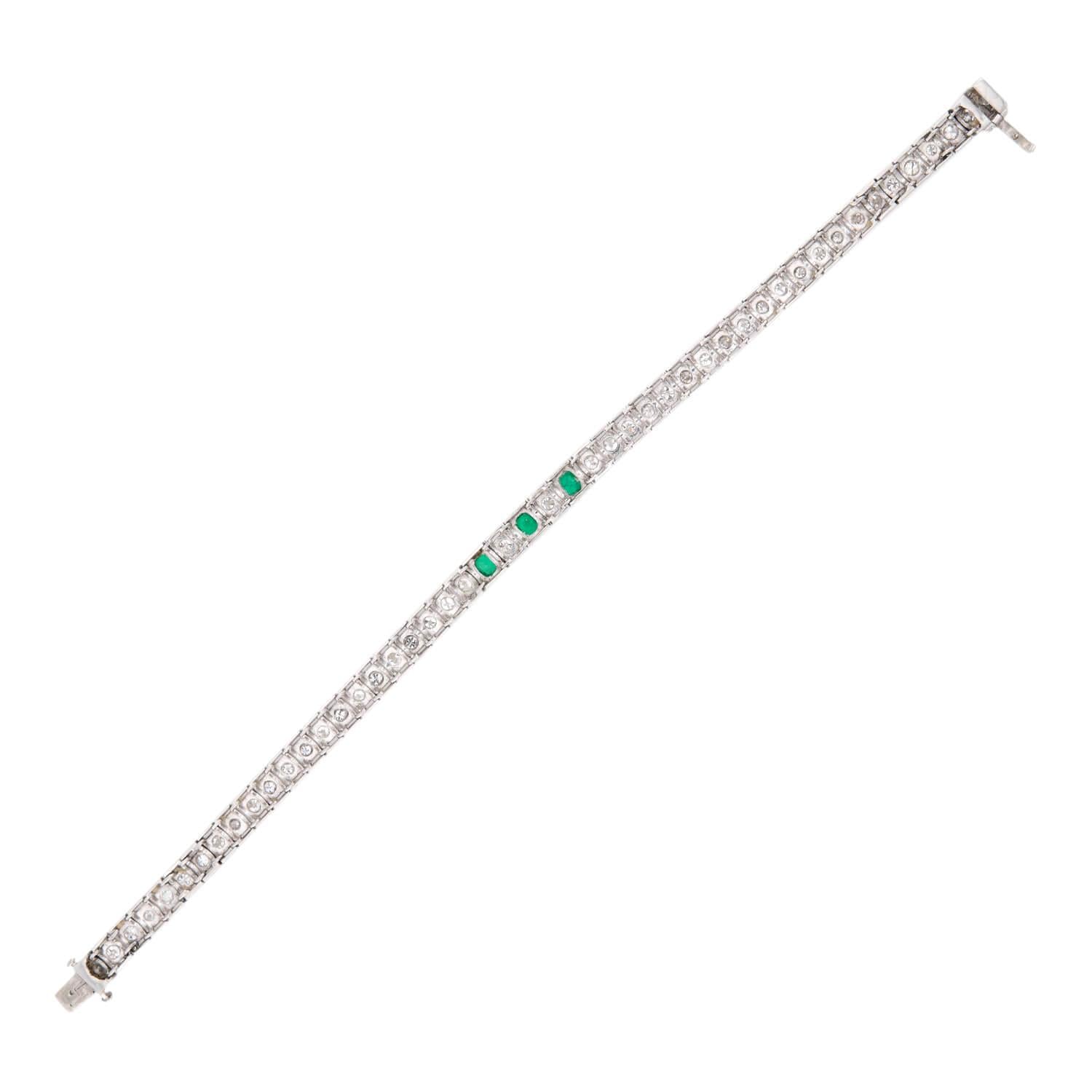 Edwardian Platinum Diamond & Emerald Line Bracelet