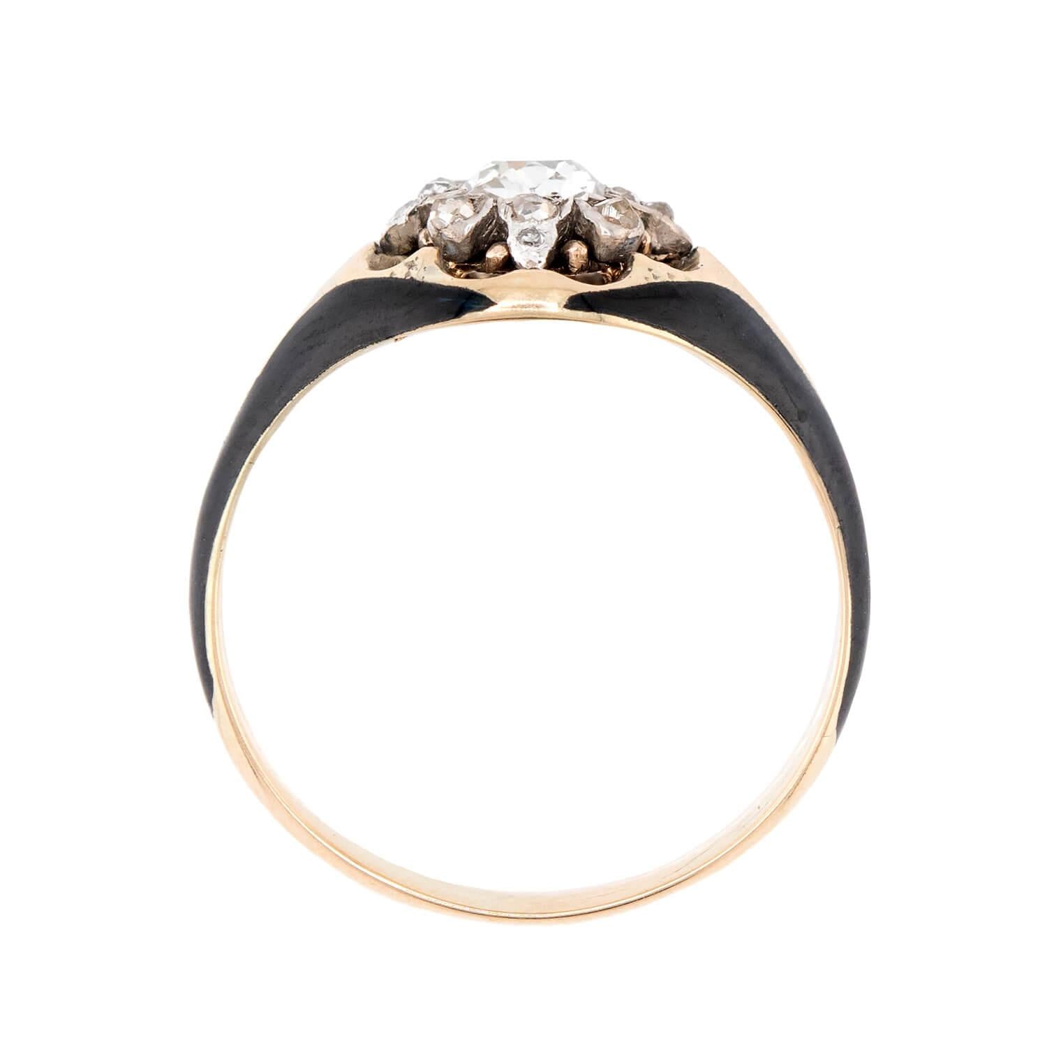 Victorian Russian 14k Diamond and Enamel Cluster Ring