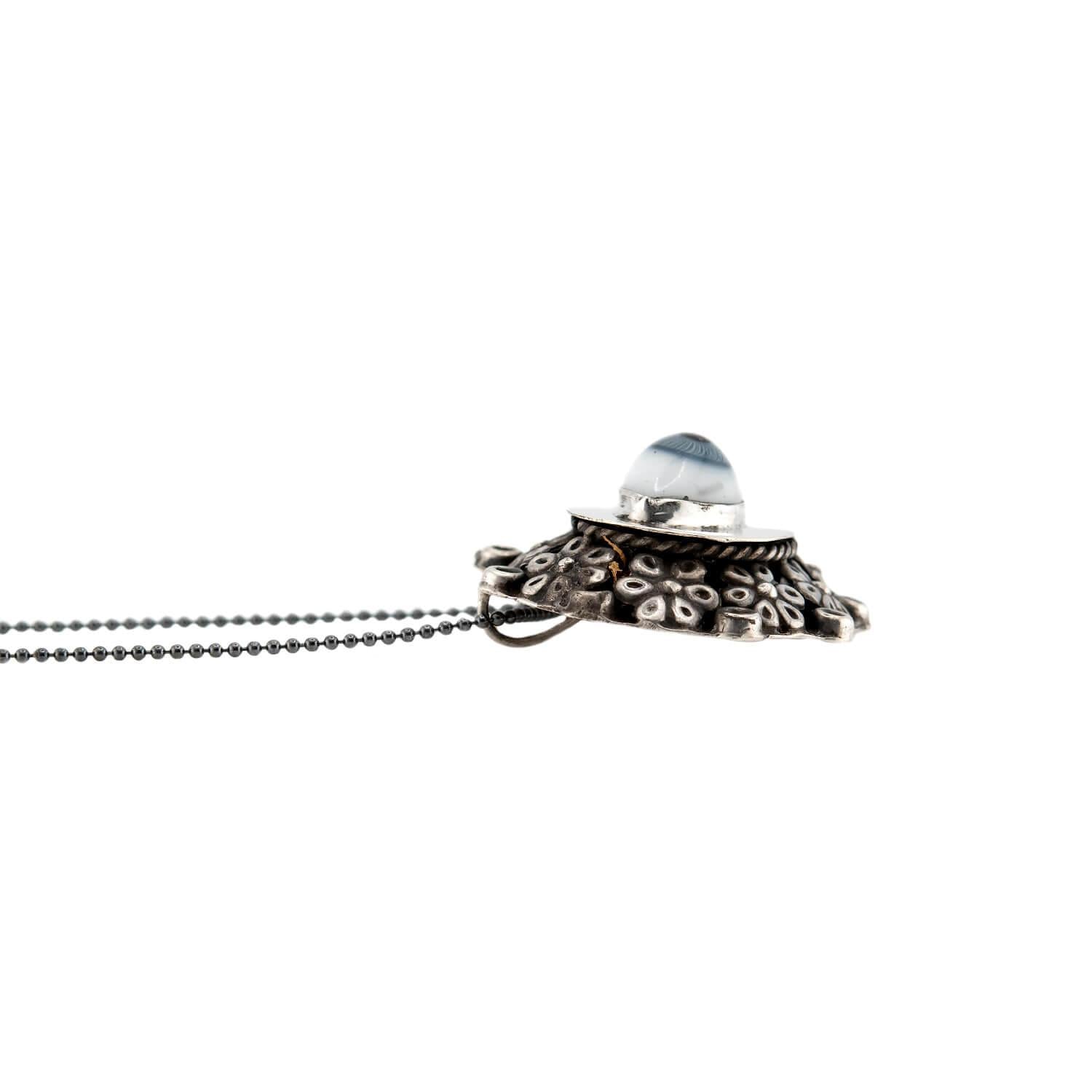 Retro Mexican Sterling Silver and Porcelain Evil Eye Pendant Necklace