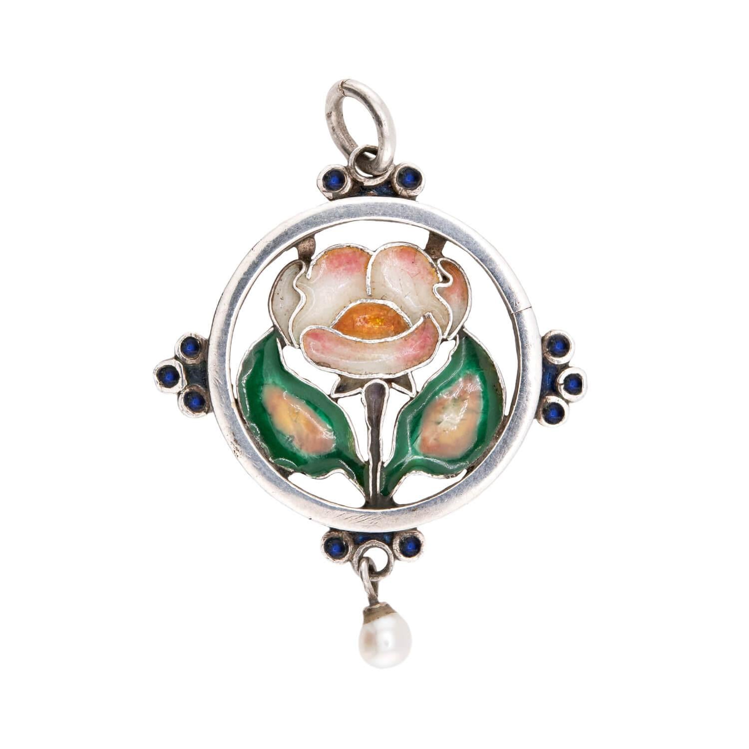 Art Nouveau Sterling Silver Enamel & Pearl Floral-Motif Pendant/Charm