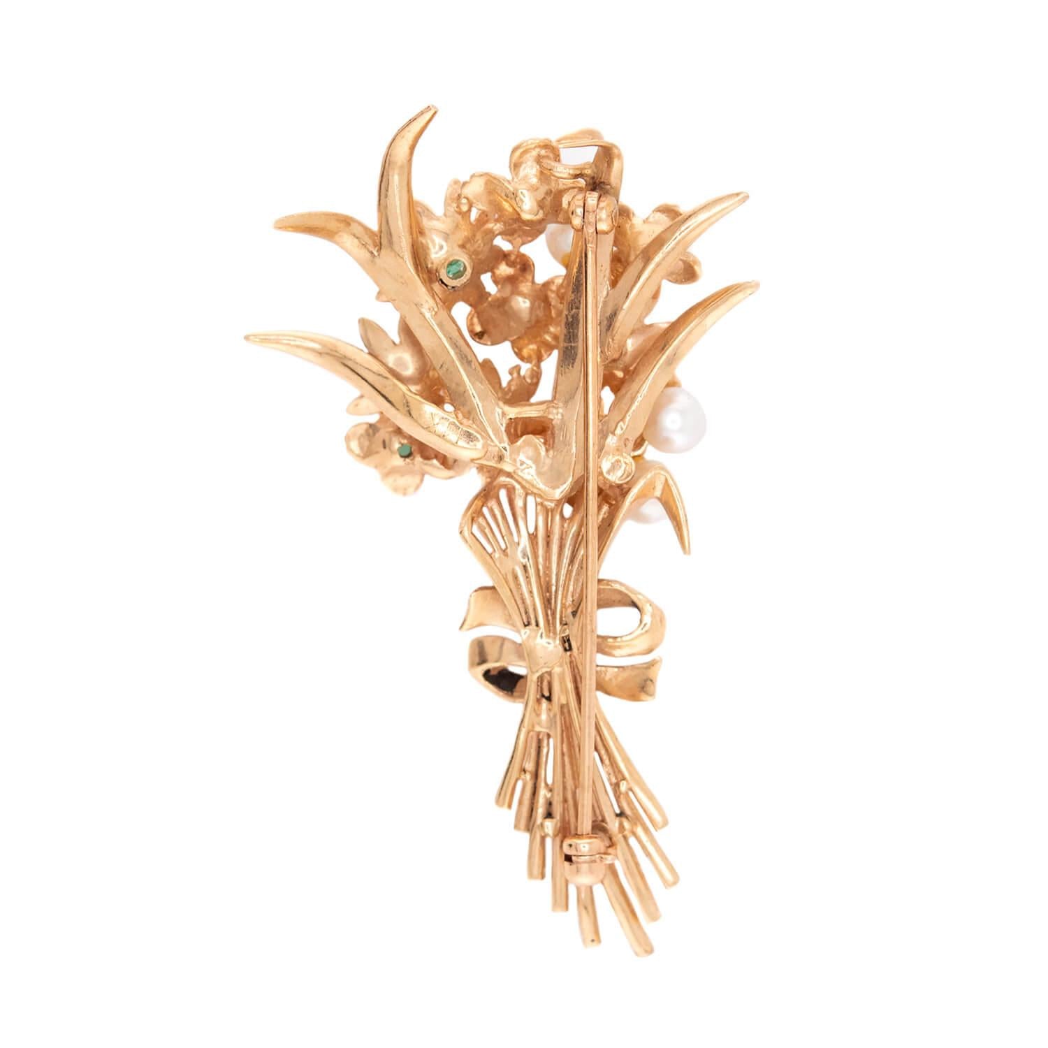Retro 14k Pearl & Emerald Flower Bouquet Pin