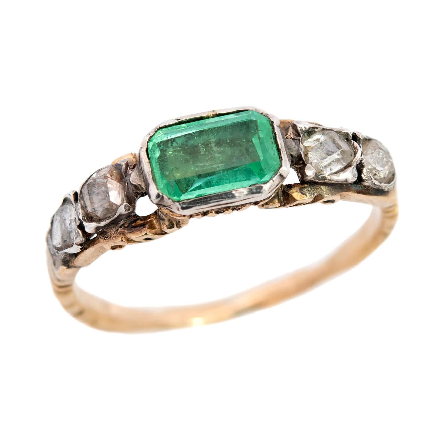 Georgian 18k/Sterling Silver Emerald and Rose Cut Diamond Engagement Ring