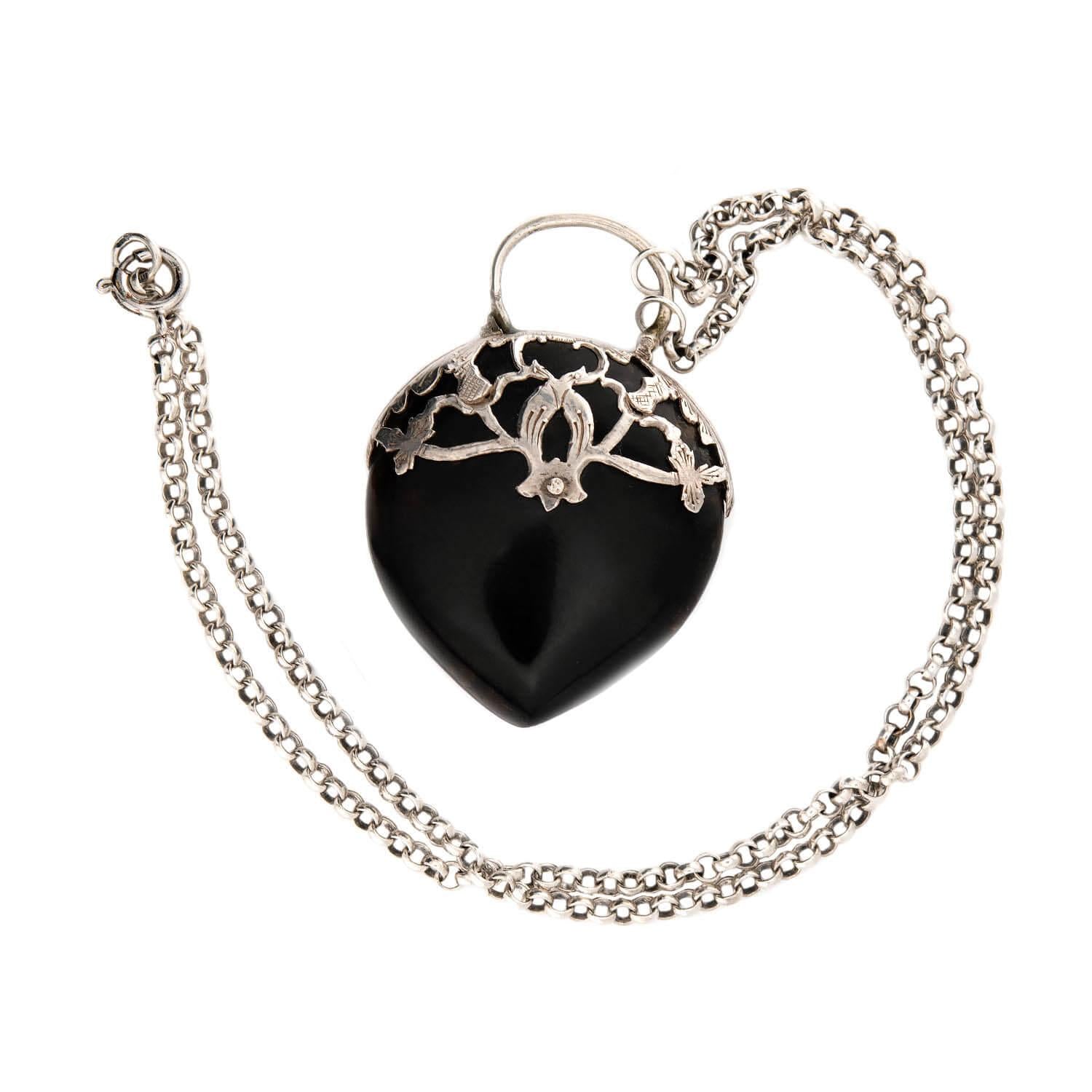 Victorian Sterling Silver Carved Horn Padlock Pendant Necklace