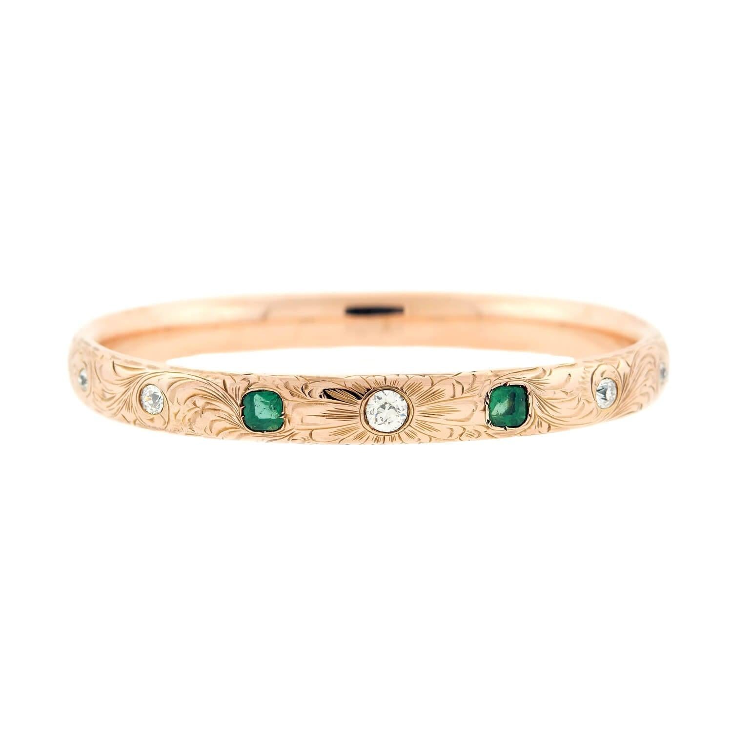 Late Victorian 14k Diamond and Emerald Doublet Etched Bangle Bracelet