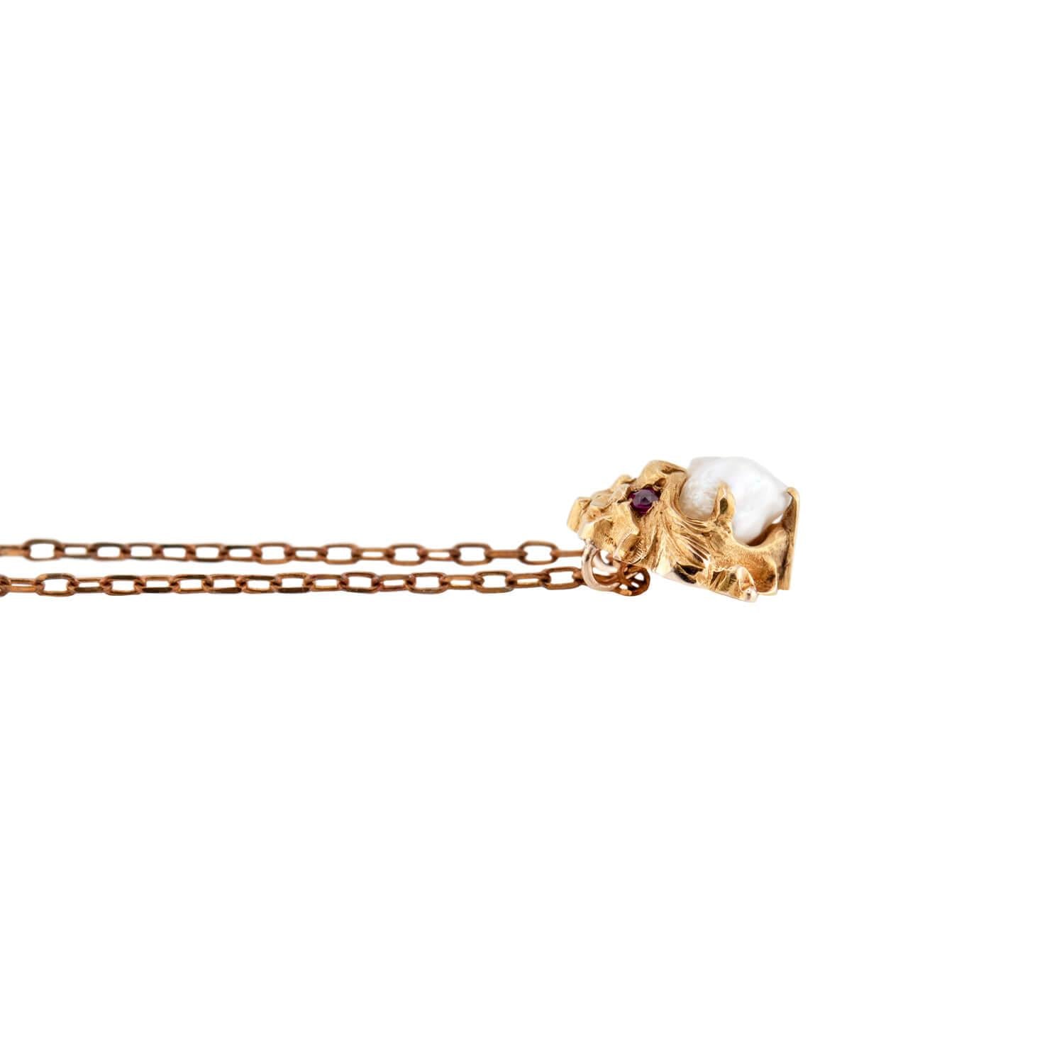 R. FRANTZ Art Nouveau 14k Pearl & Ruby Lion Pendant Necklace