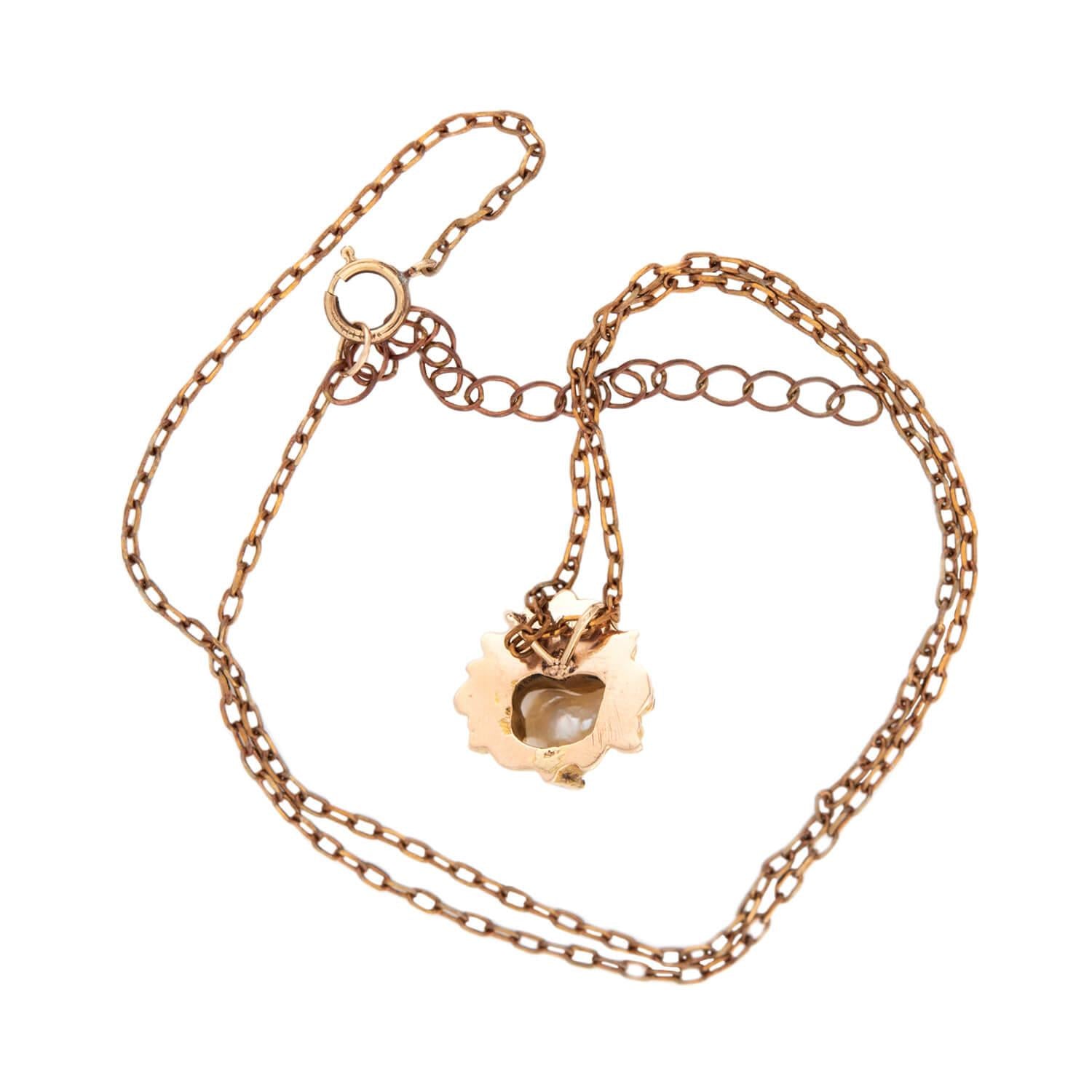 R. FRANTZ Art Nouveau 14k Pearl & Ruby Lion Pendant Necklace