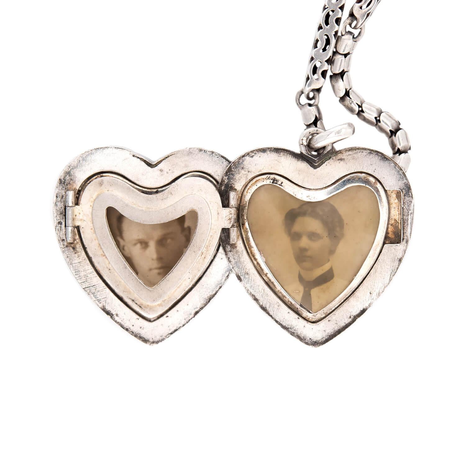 Victorian Sterling Silver Heart-Motif Locket Pendant Necklace